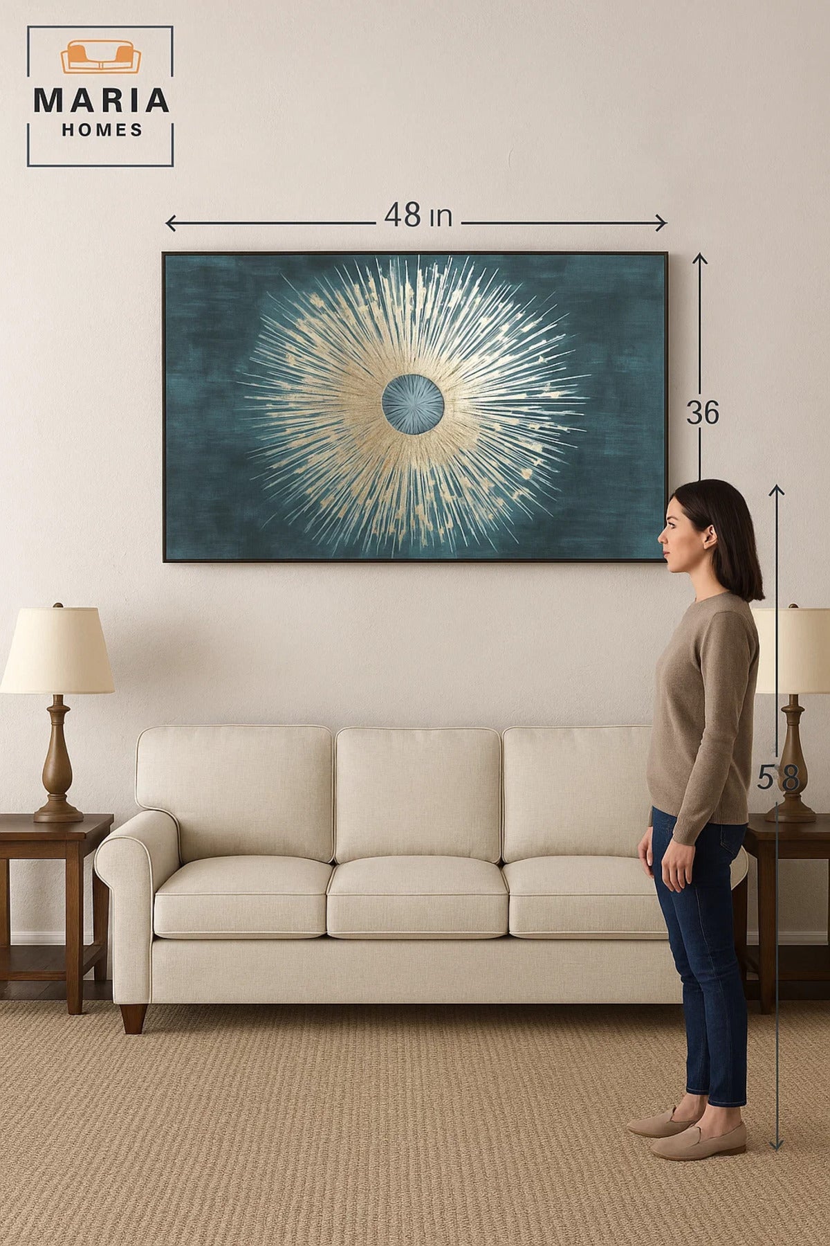 Framed Abstract Wall Art Ð Golden Sunburst on Textured Teal Background and Size 102*152 cm