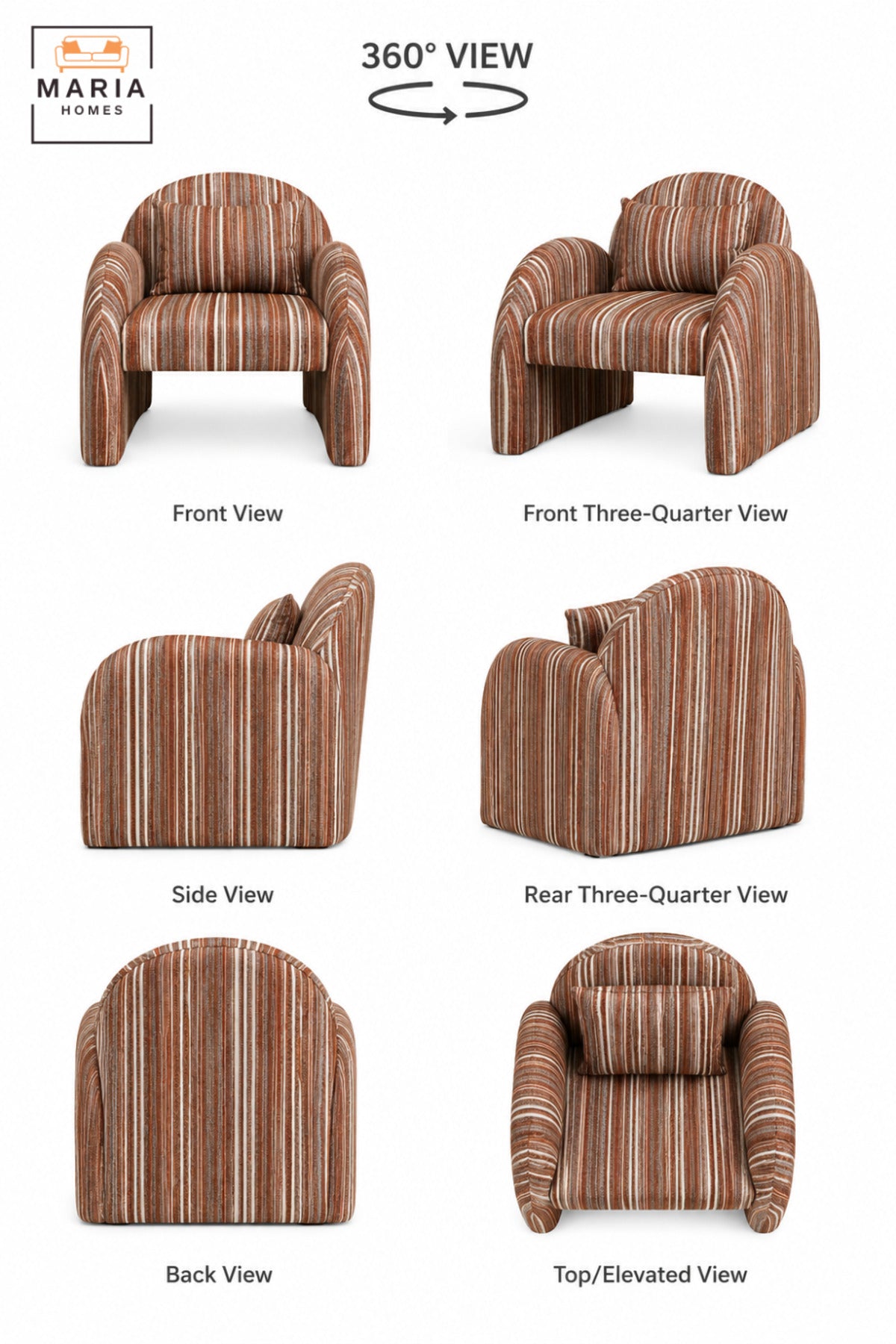 Modern Striped Upholstered Accent Chair with Curved Backrest, Rounded Arms & Cushion | Contemporary Lounge Chair for Living Room, Bedroom & Hotel