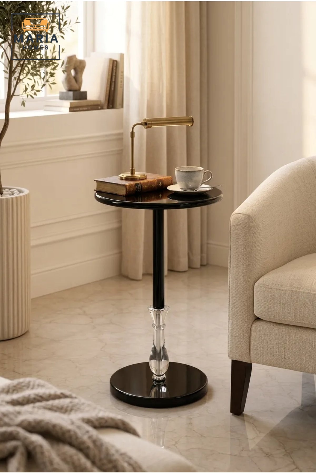 Modern Round Side Table with Black Finish and Crystal Accent Base