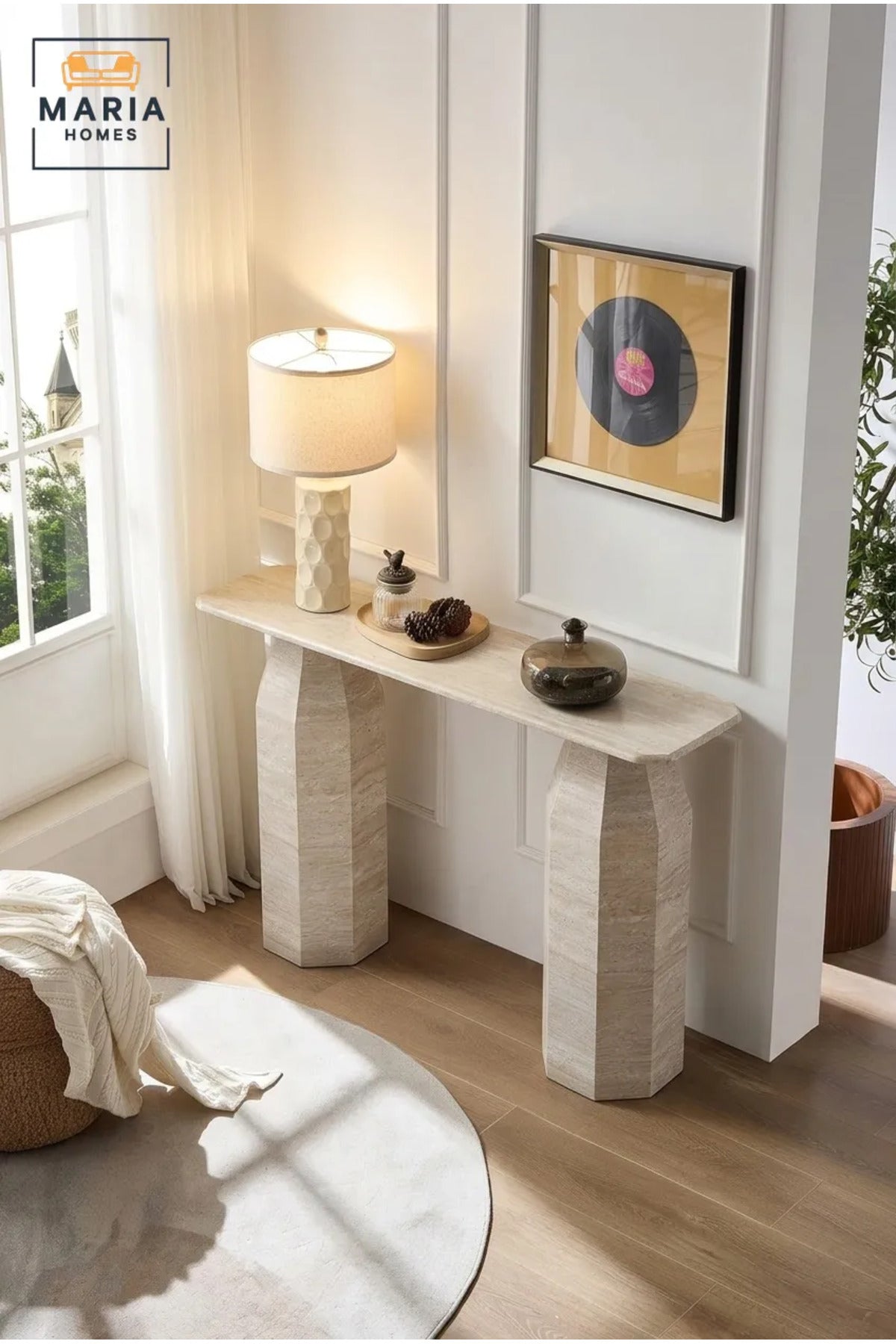 Modern Travertine Console Table √ê 120 cm Entryway Hall Table with Dual Pedestal Base, Luxury Sofa Table for Living Room, Hallway & Foyer