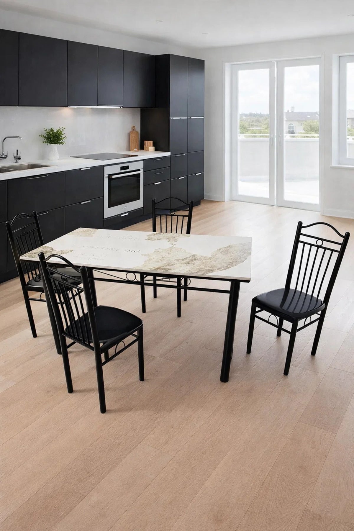 Modern 5-Piece Dining Table Set Marble Pattern Top Metal Legs 4 Chairs for Kitchen Room 120x70cm