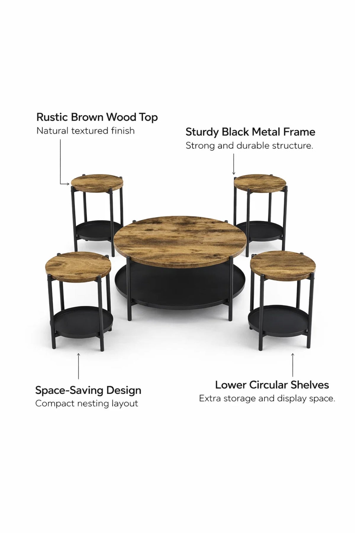 Industrial Style 5-Piece Round Center Table Set with Metal Frame for Modern Living Room Area