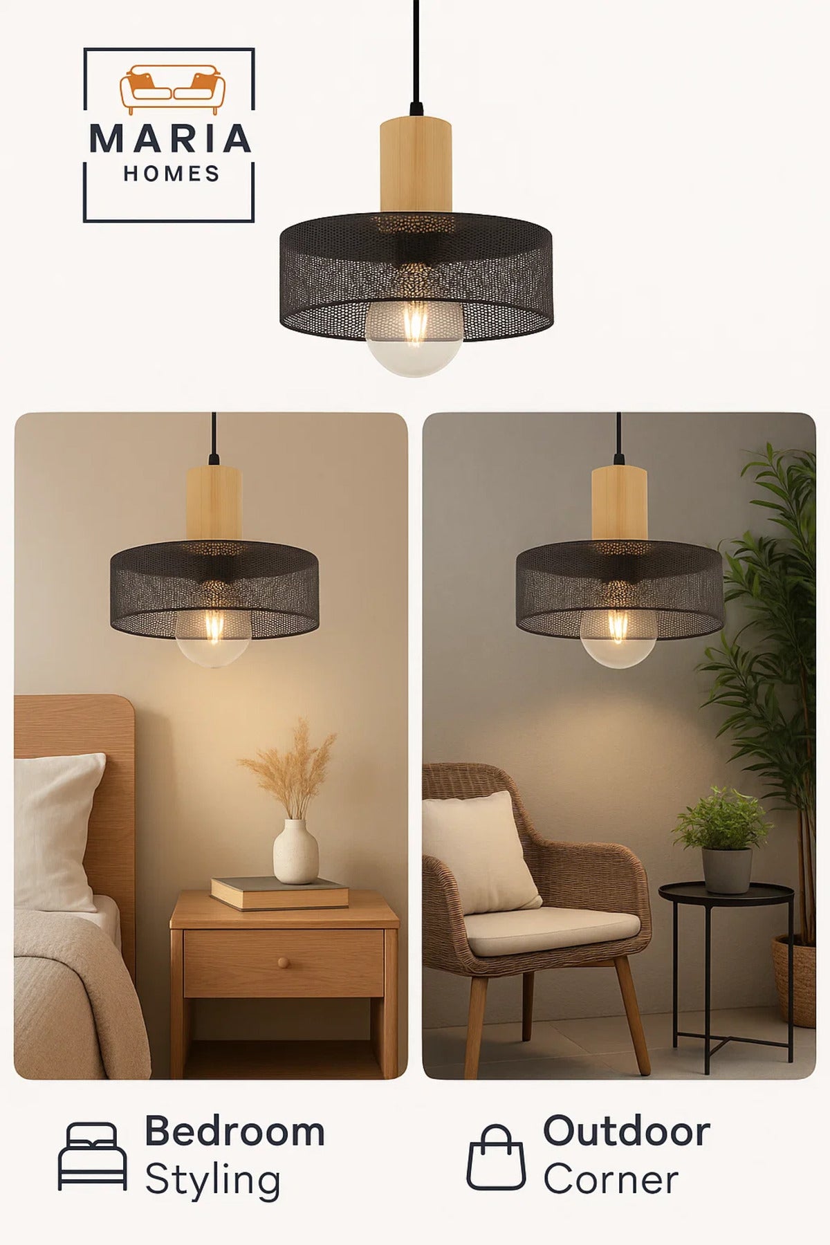 Black Mesh Pendant Light with Wood Accent