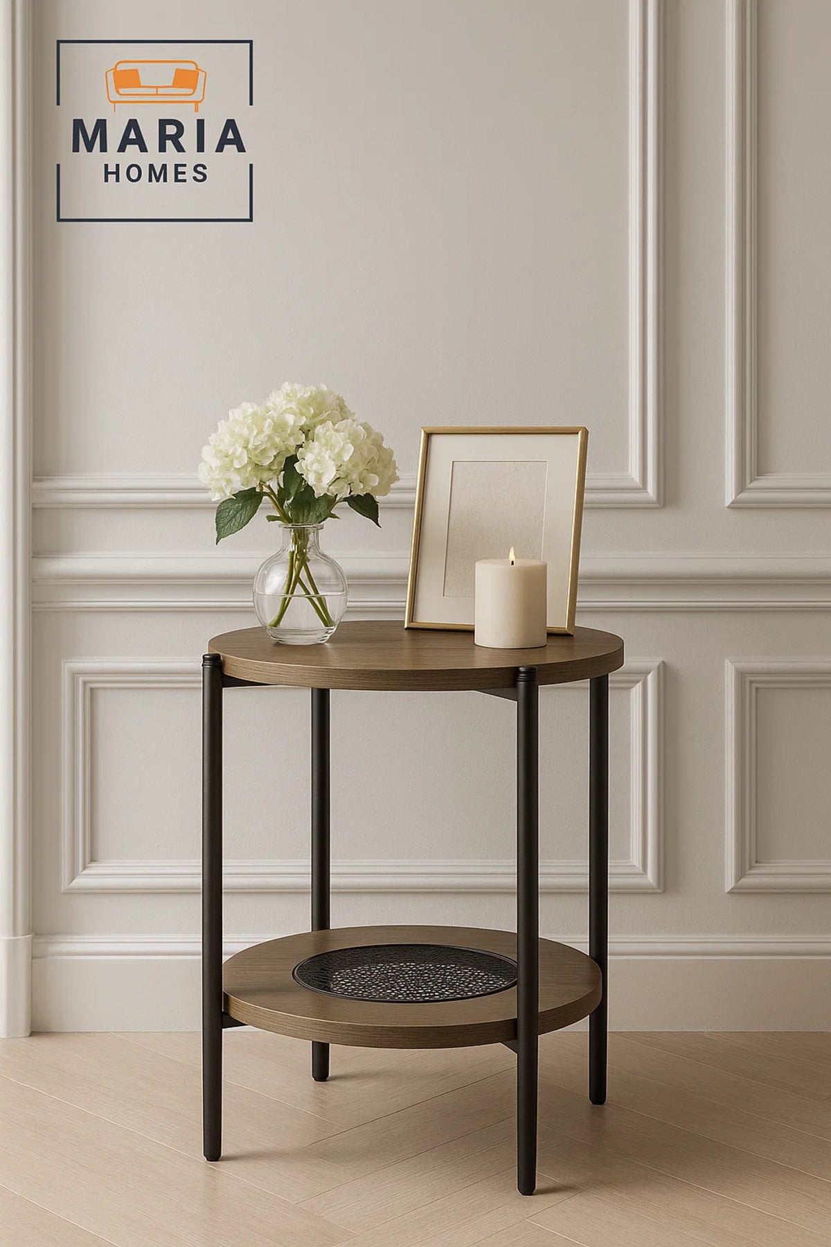 Modern Dark Wood Side Table √ê Round Coffee Table with Storage Shelf 40_40_55 cm