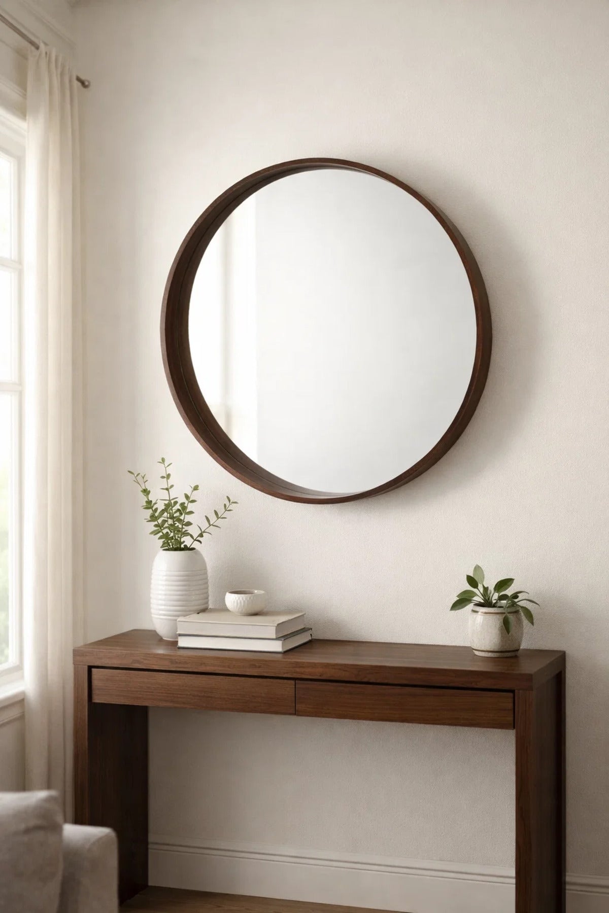 Premium Round Wood Frame Wall Mirror 80cm M51 Brown Modern Home Decor for Entryway Bathroom Vanity