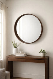 Premium Round Wood Frame Wall Mirror 80cm M51 Brown Modern Home Decor for Entryway Bathroom Vanity