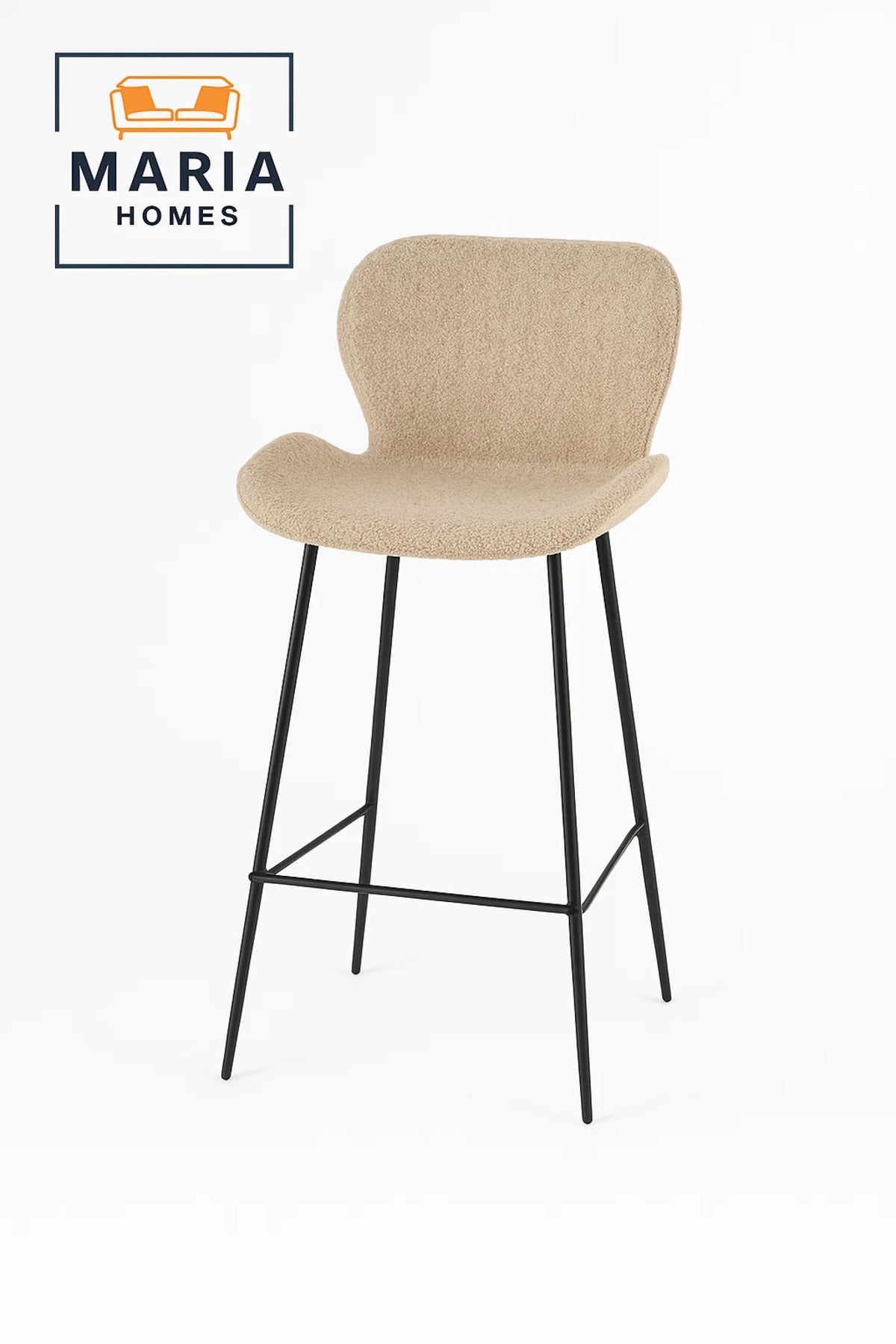 Beige Curved-Back Bar Stool with Black Metal Legs