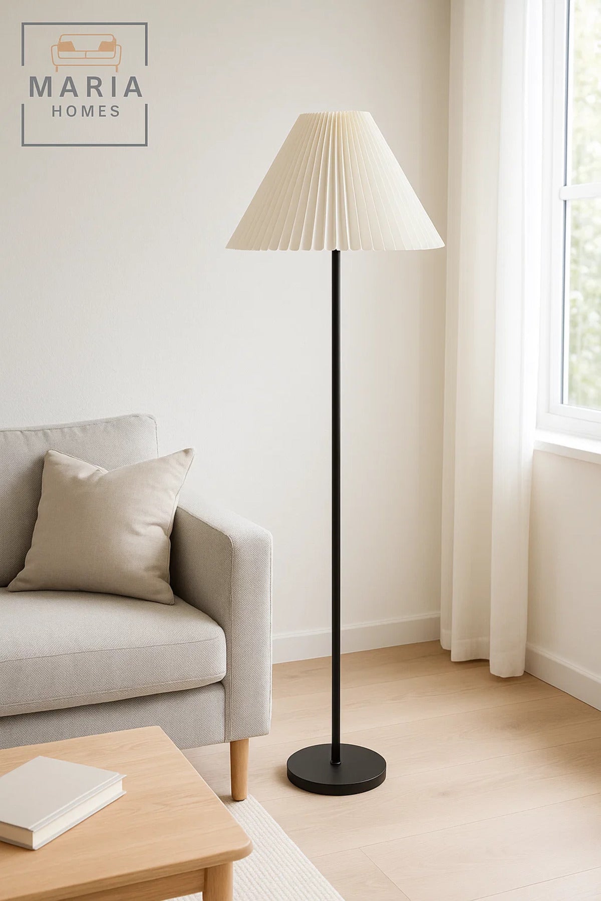 Black Floor Lamp with White Pleated Shade