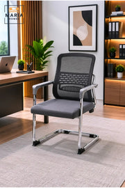 Contemporary Mesh Visitor Chair with Cushioned Seat, Chrome Cantilever Base and Fixed Armrests