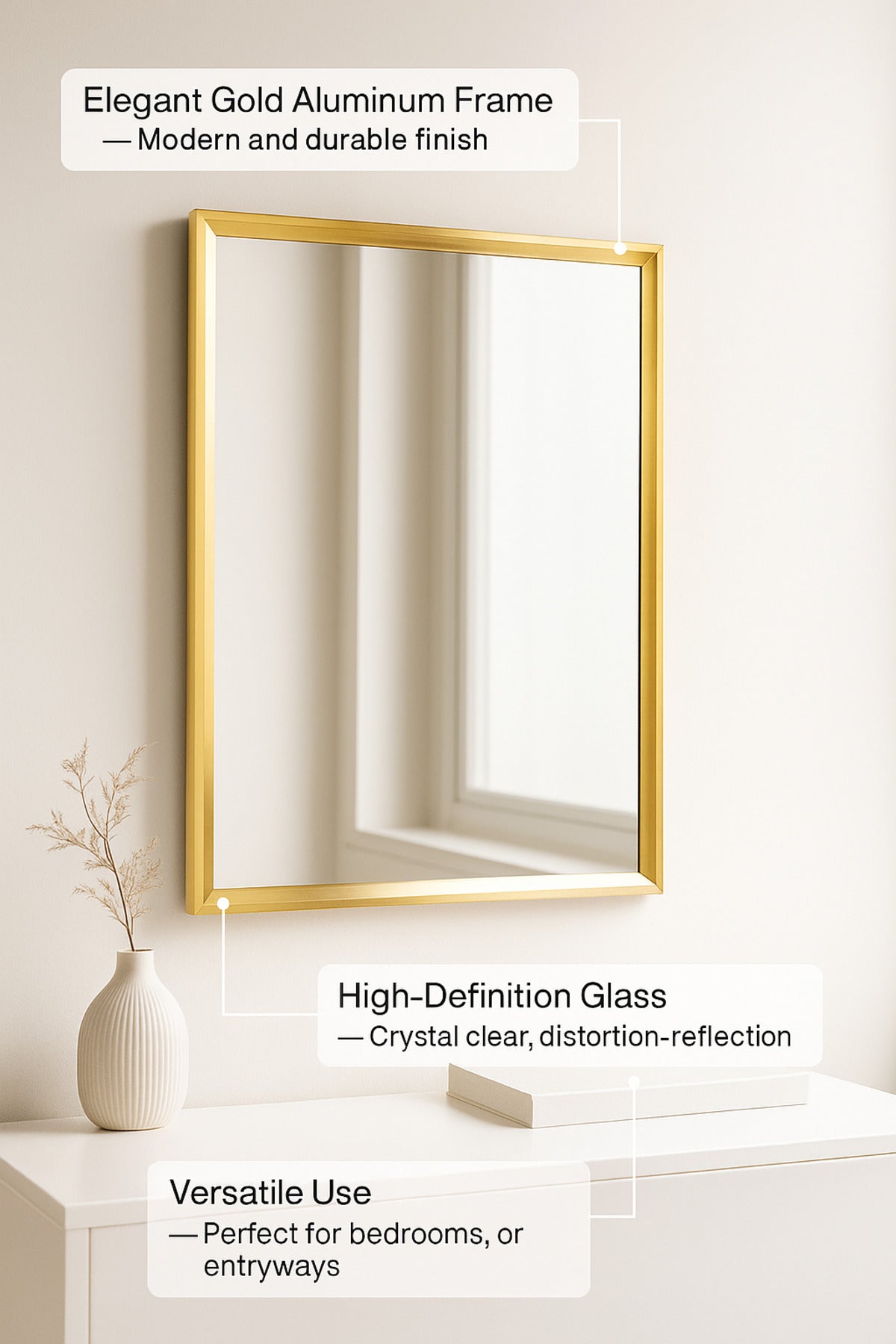 Rectangular Wall Mirror with Gold Frame Ð 80_60 cm Elegant Modern Decorative Mirror