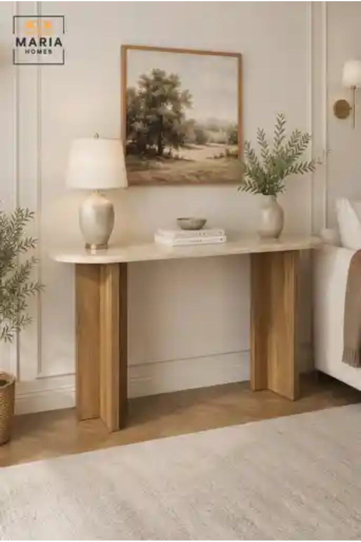 Modern Marble Top Console Table with Wooden Base for Entryway, Hallway & Living Room