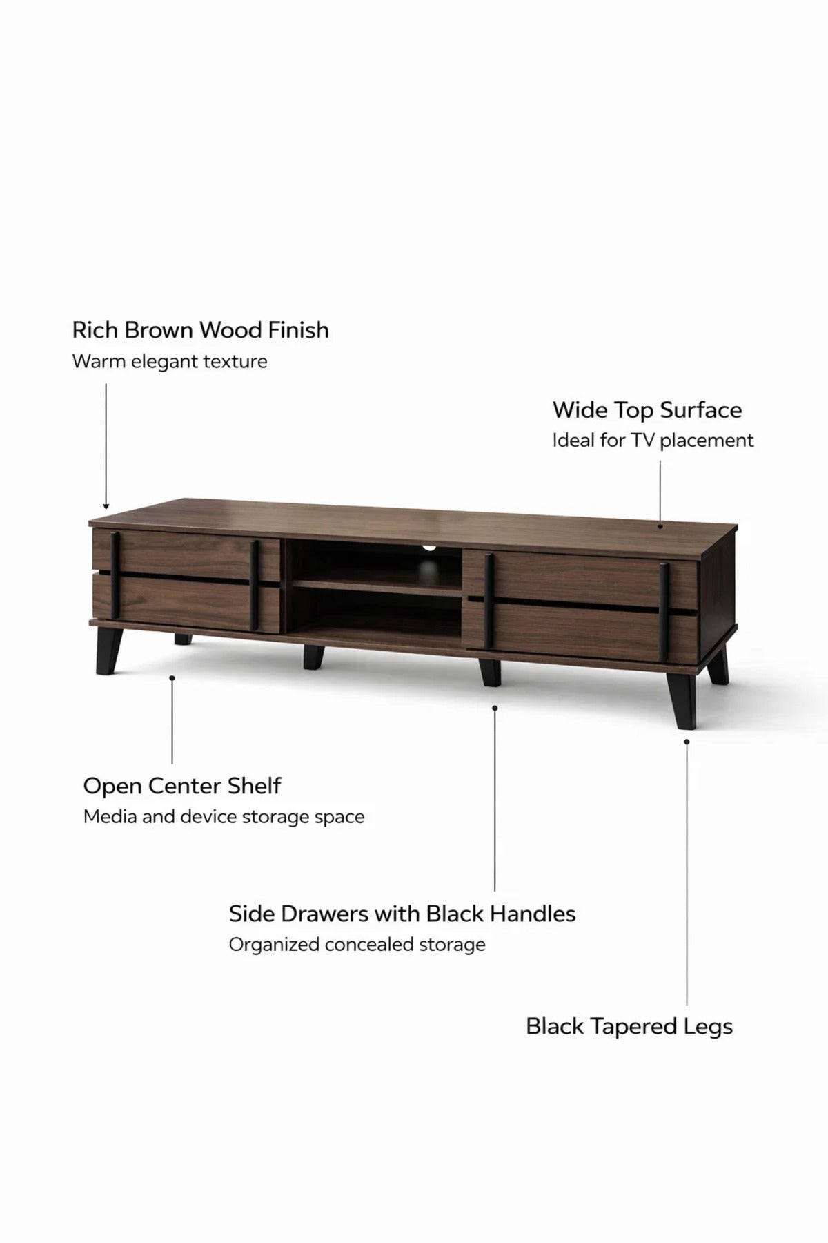 Modern Brown TV Stand with Storage Cabinets and Open Media Shelf