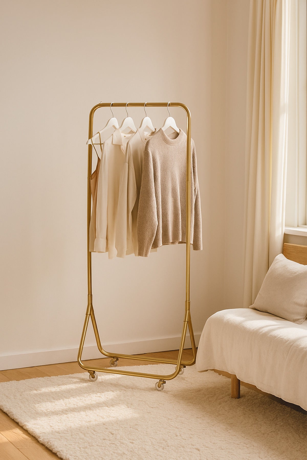Luxury Golden Metal Clothes Rack with Wheels 172_61 cm Ð Modern Garment Stand for Home or Boutique