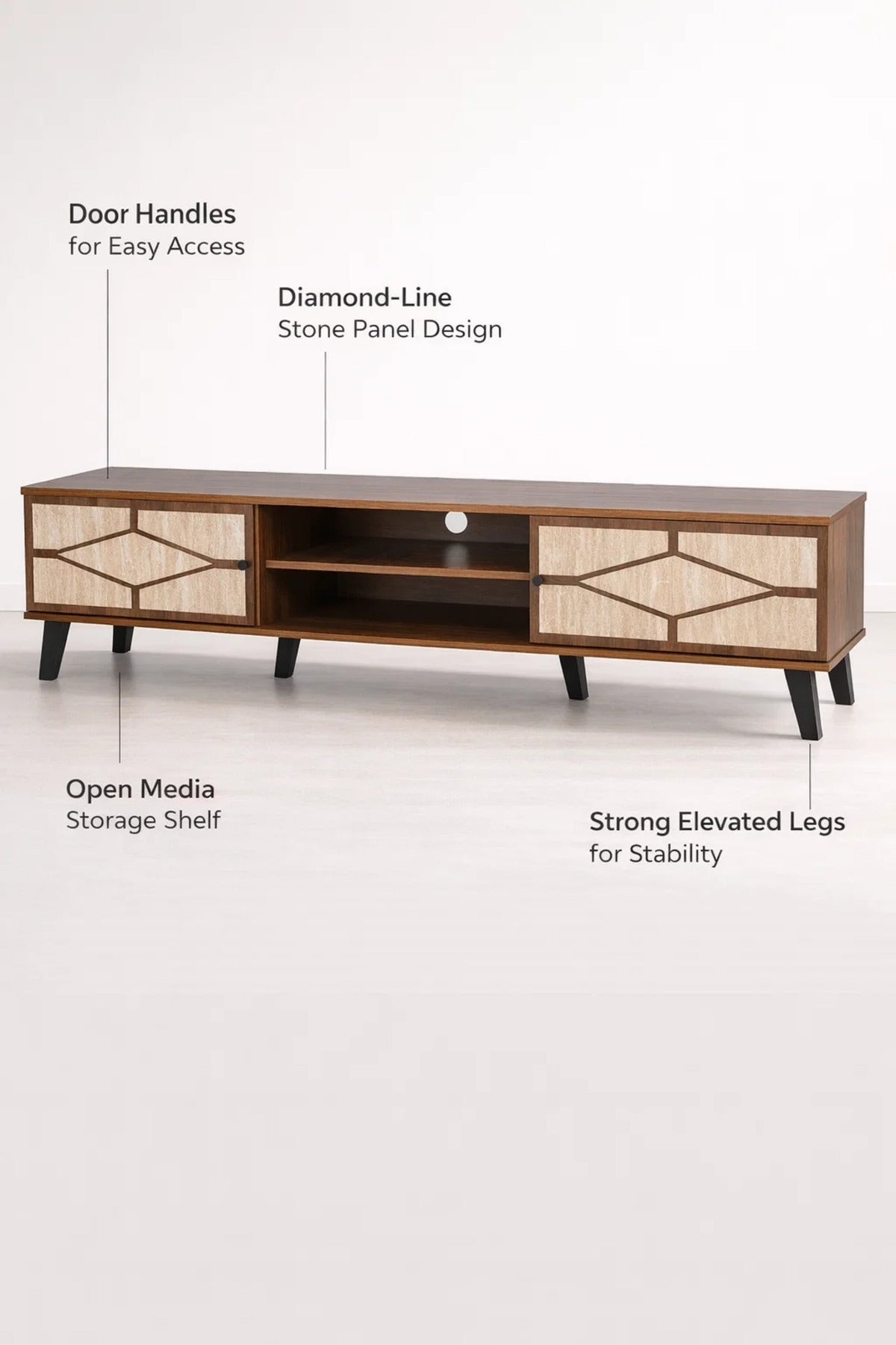 Modern Wooden TV Stand Dark Brown with Beige Stone Pattern 180 x 40 x 43 cm