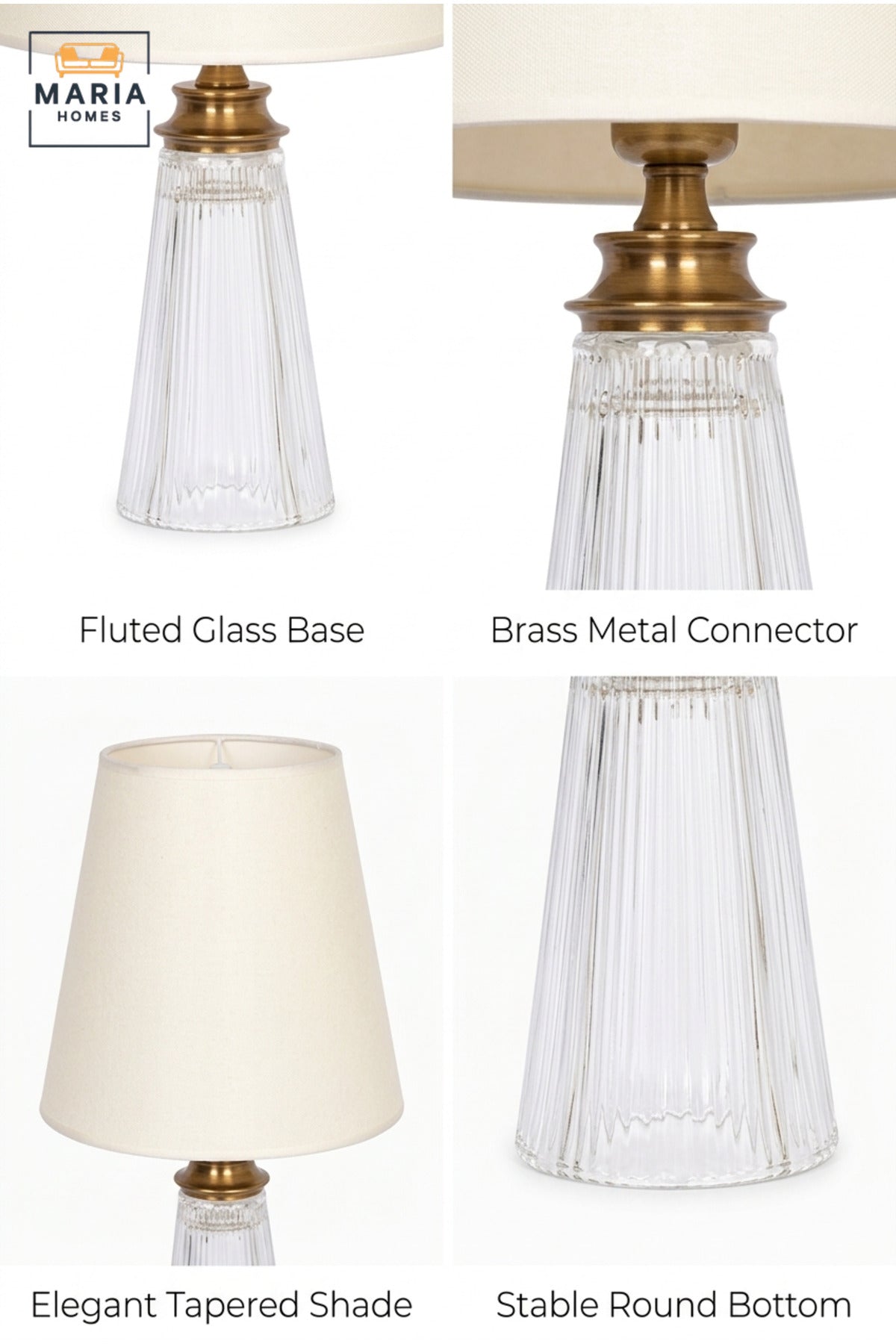 Luxury Ribbed Glass Table Lamp with White Fabric Shade and Antique Gold Tone Accent for Bedroom, Living Room, Office, Hotel and Bedside Décor