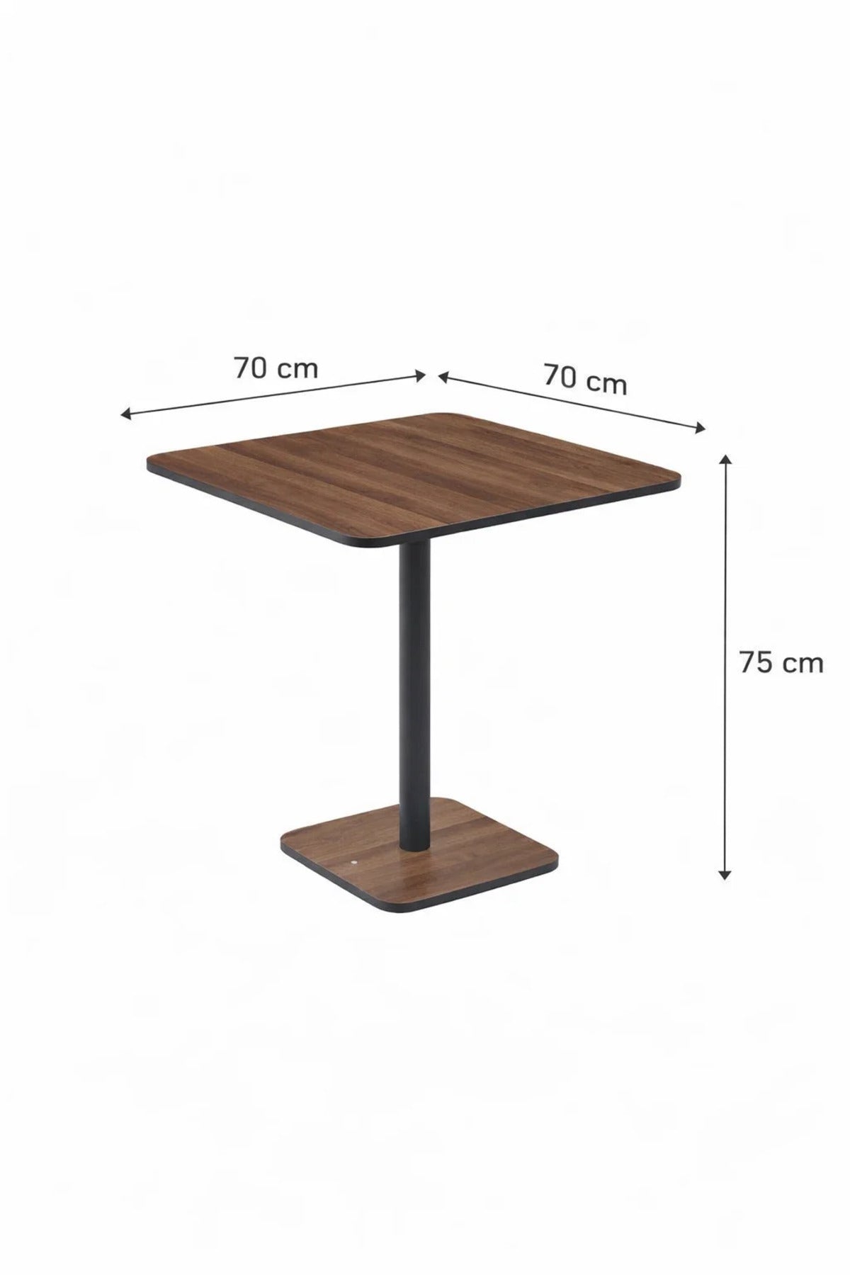 Modern Square Dining Table Brown Melamine Wood Top Sturdy Black Metal Pedestal Base 70x70cm Size