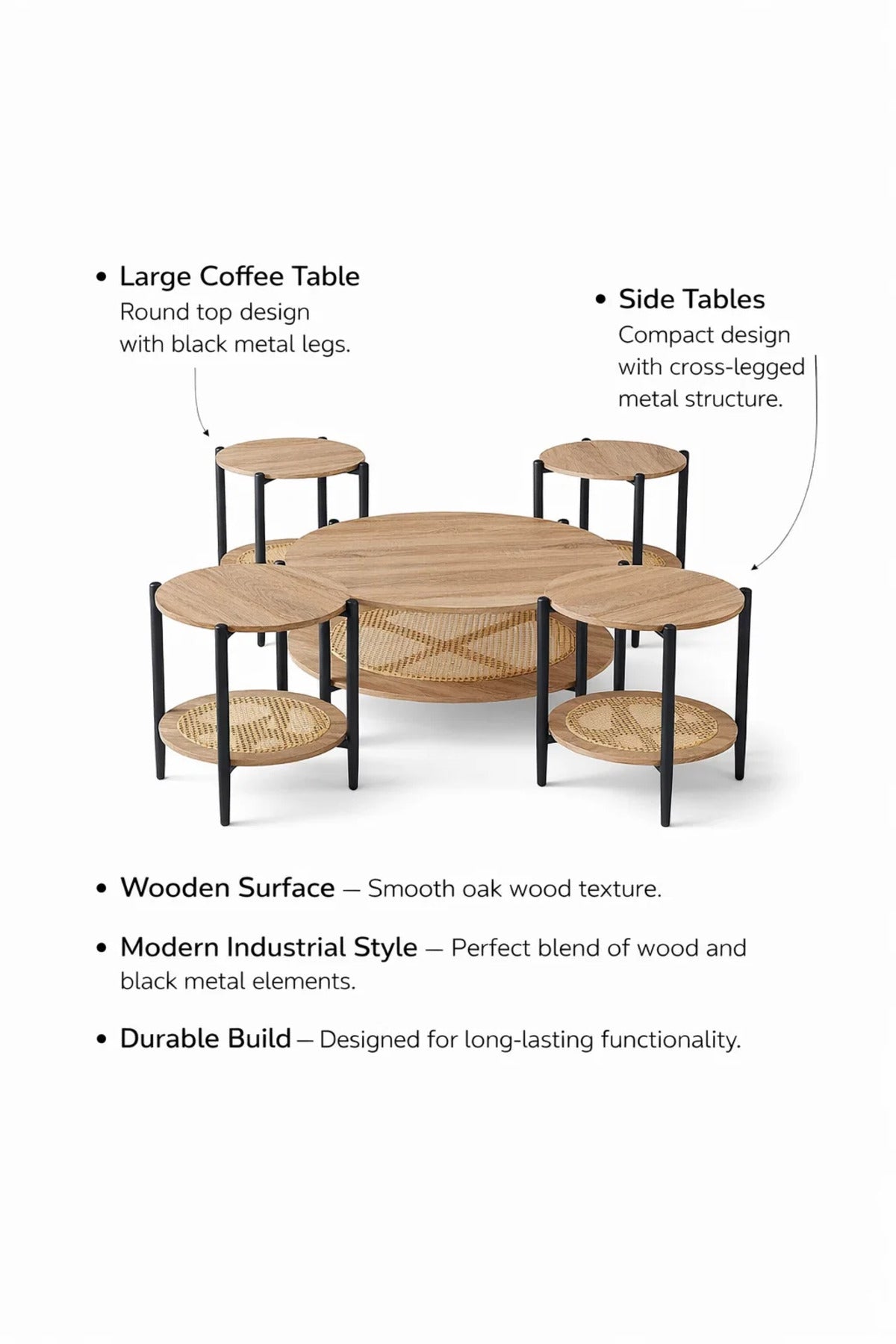 Modern 5-Piece Round Nesting Coffee Table Set with Wood Top and Rattan Shelf for Living Room