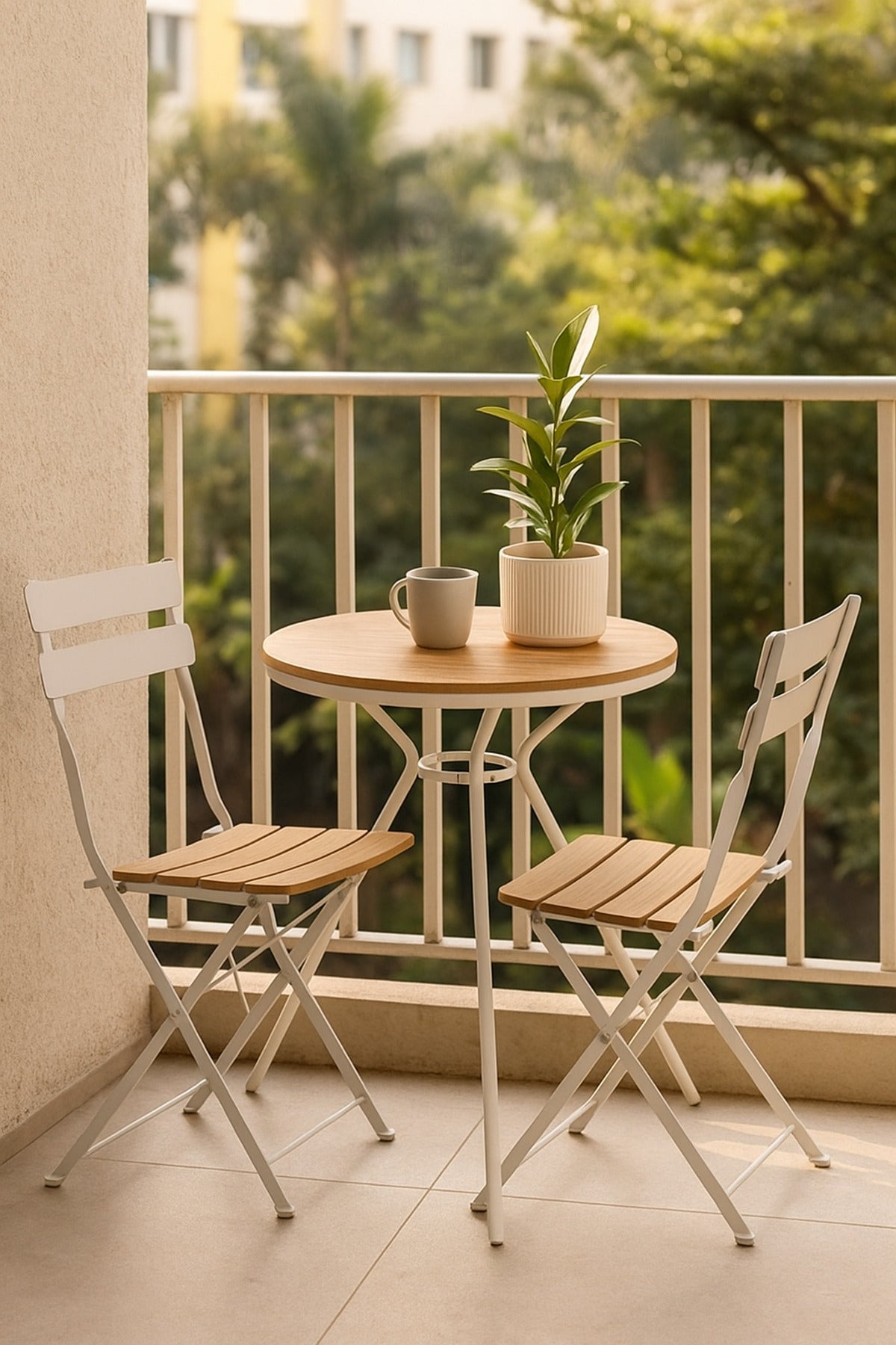 Round Outdoor Table Ð 60_75 cm White Metal Frame with Wooden Top for Balcony & CafŽ