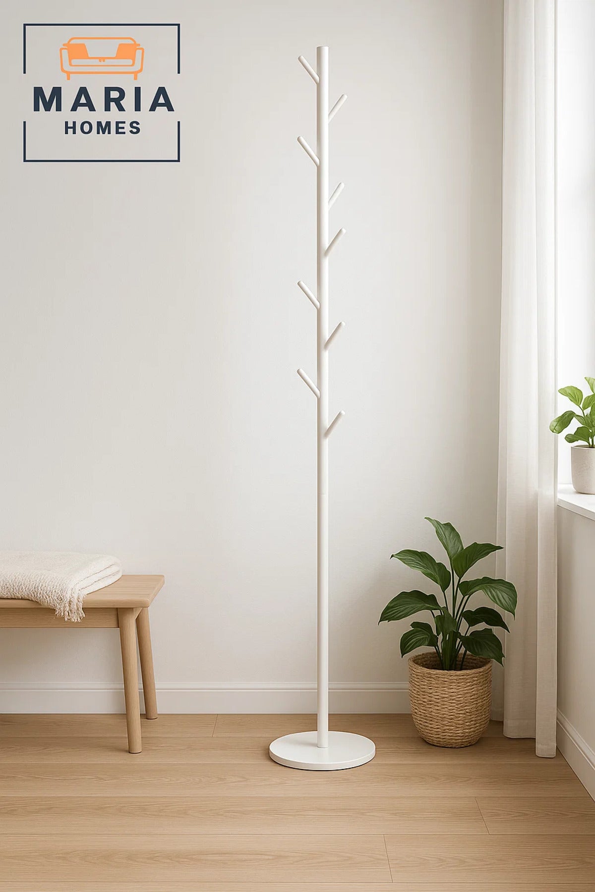 Minimalist White Metal Coat Rack Stand with Hooks and Concrete Base
