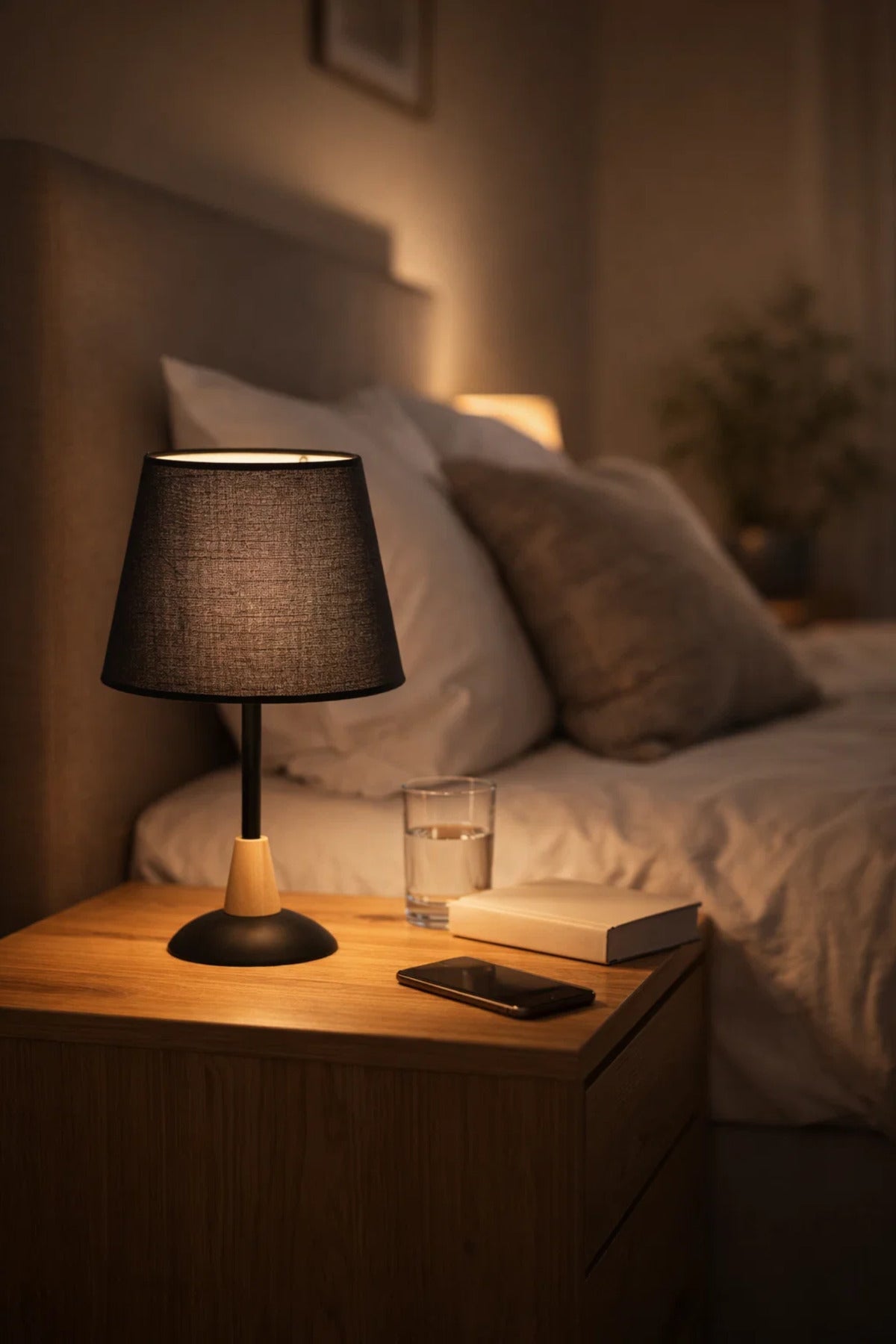 Modern Table Lamp with Fabric Shade and Wooden Base Accent for Home Decor modern table