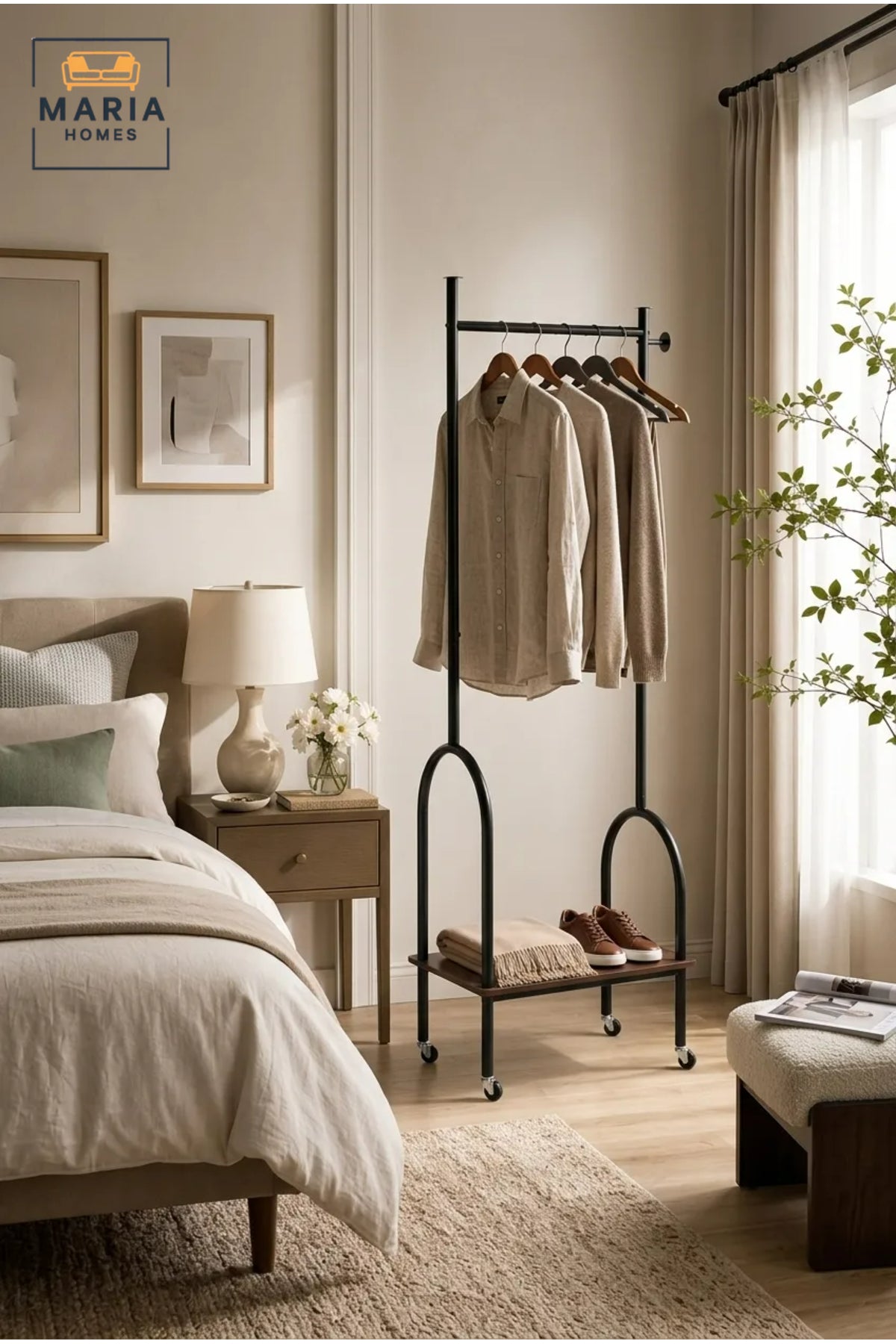 Industrial Rolling Garment Rack with Wooden Shelf and Wheels √ê Modern Clothing Organizer & Coat Stand