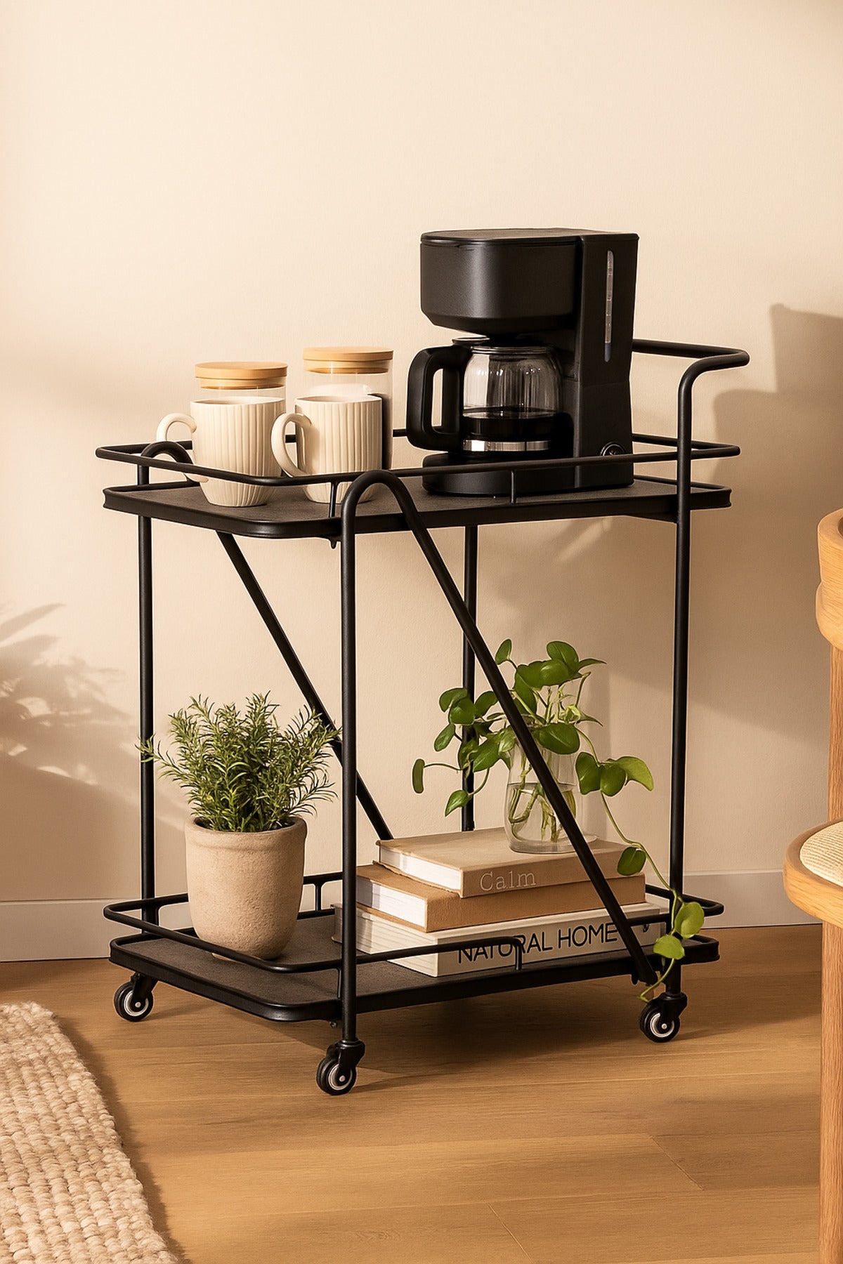 Modern Black Serving Trolley with 2Tier Shelves and Wheels Cart for Kitchen, Dining, or Living Room