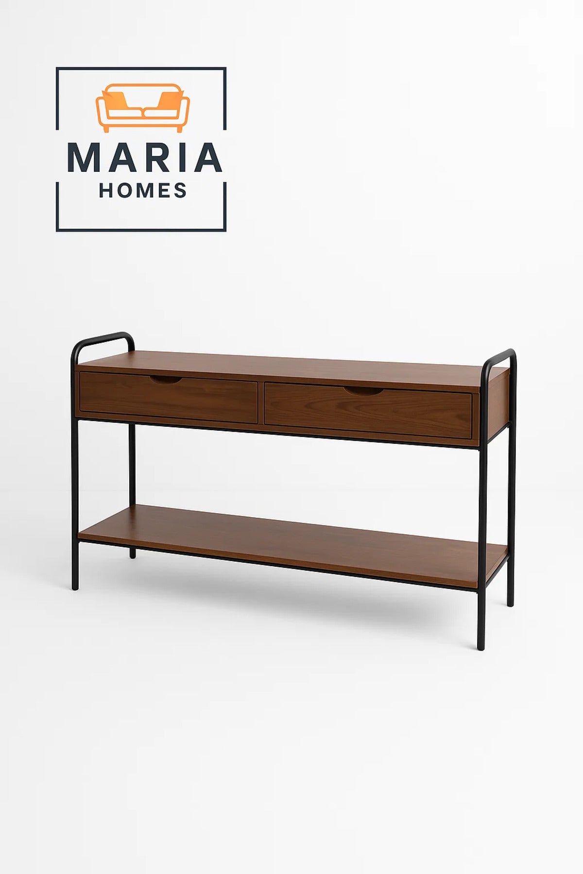 Walnut Console Table with Black Metal Frame and Dual Drawers