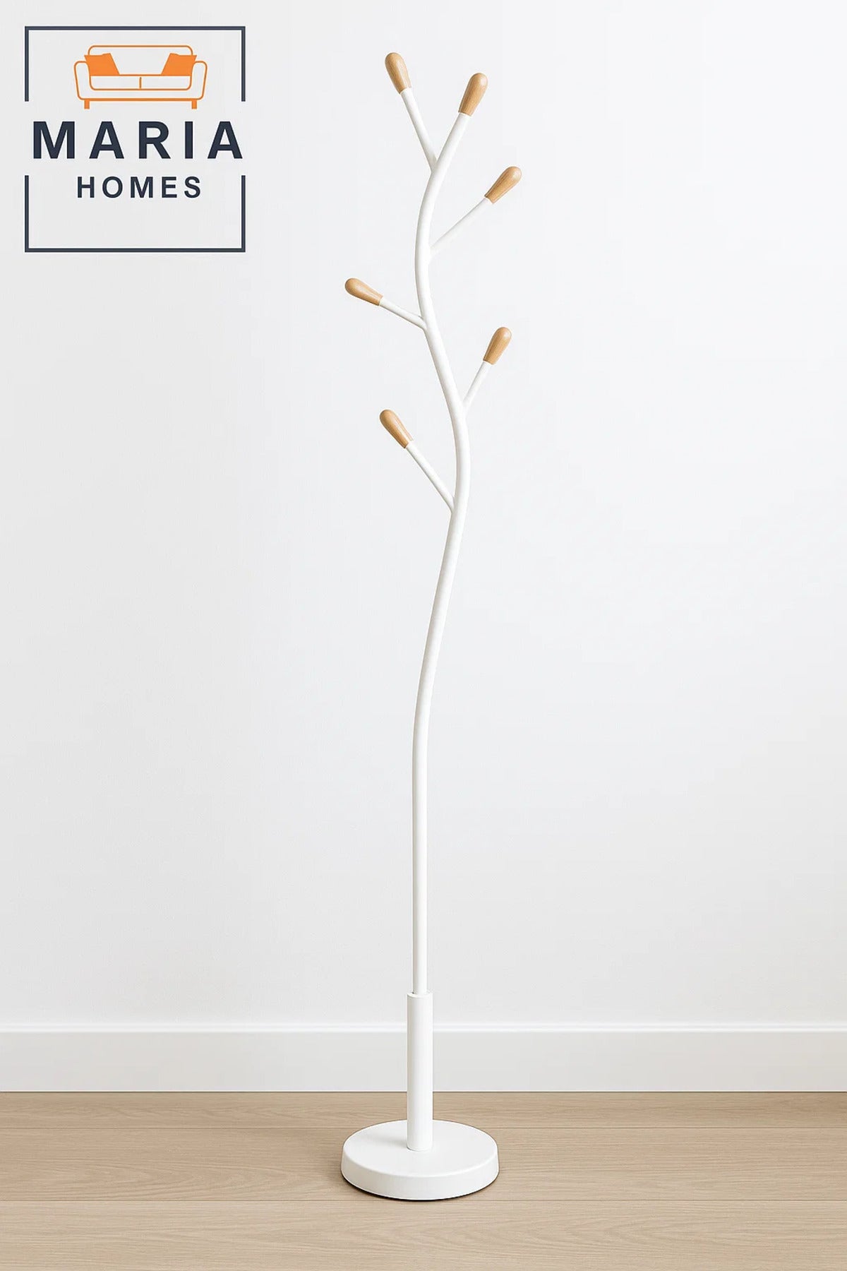 Curved Tree-Inspired White Metal Coat Rack with Wood-Tip Hooks