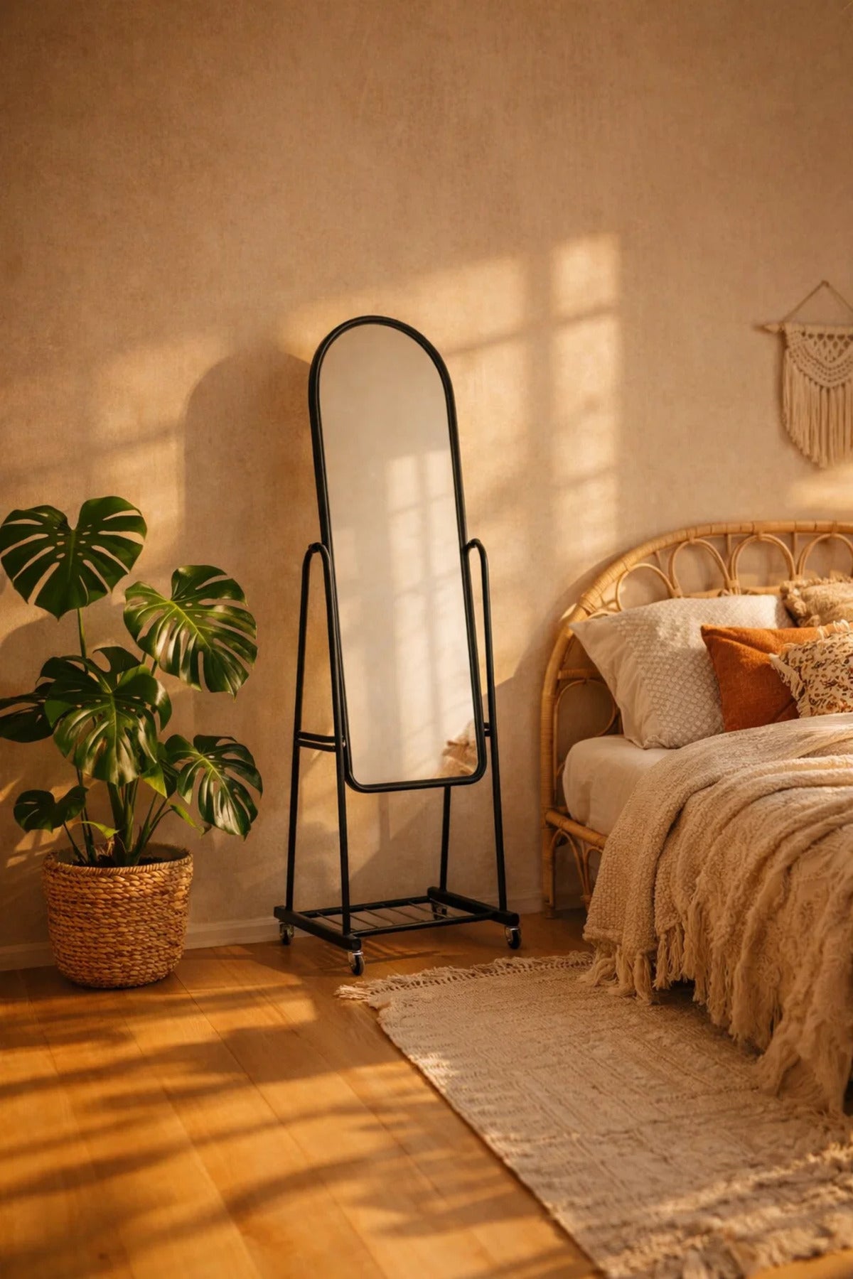 Mobile Floor Standing Mirror Black Arched Full Length Dressing Mirror on Wheels Storage Shelf