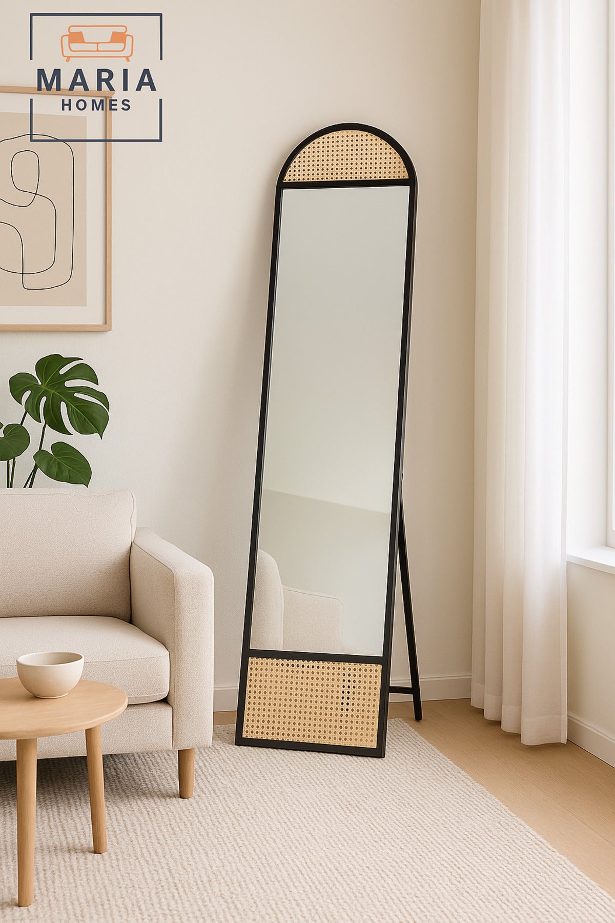 Arched Full-Length Black Wood Mirror Ð 170x40 cm with Rattan Accents