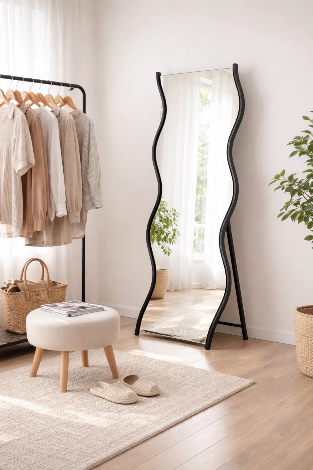 Modern Wavy Full Length Floor Mirror with Black Metal Frame & Stand