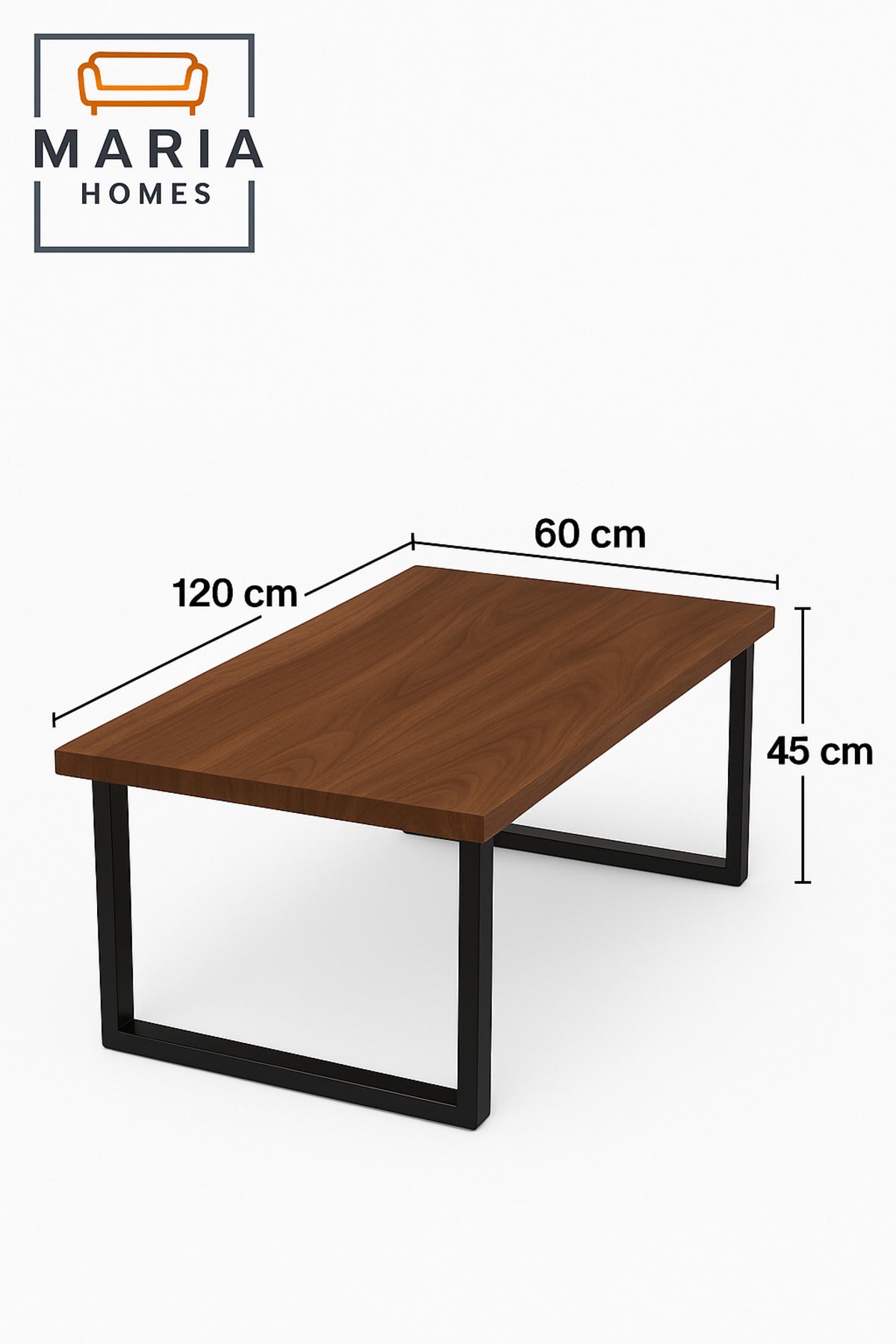 Center Table 120x60x45cm Ð Walnut Wood Finish with Black Metal Base for Modern Living Rooms