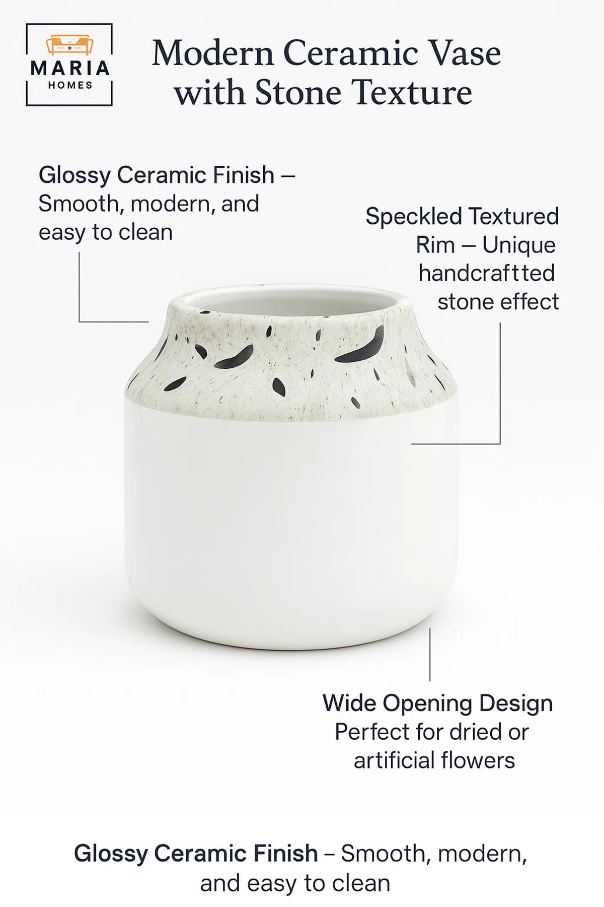 White Ceramic Vase with Terrazzo Pattern Neck Ð Modern Decorative Flower Pot for Home and Office