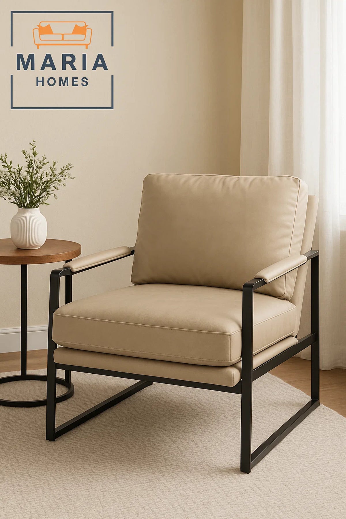 Beige Faux Leather Armchair Ð Modern Metal Frame Lounge Chair for Living Room or Office Decor
