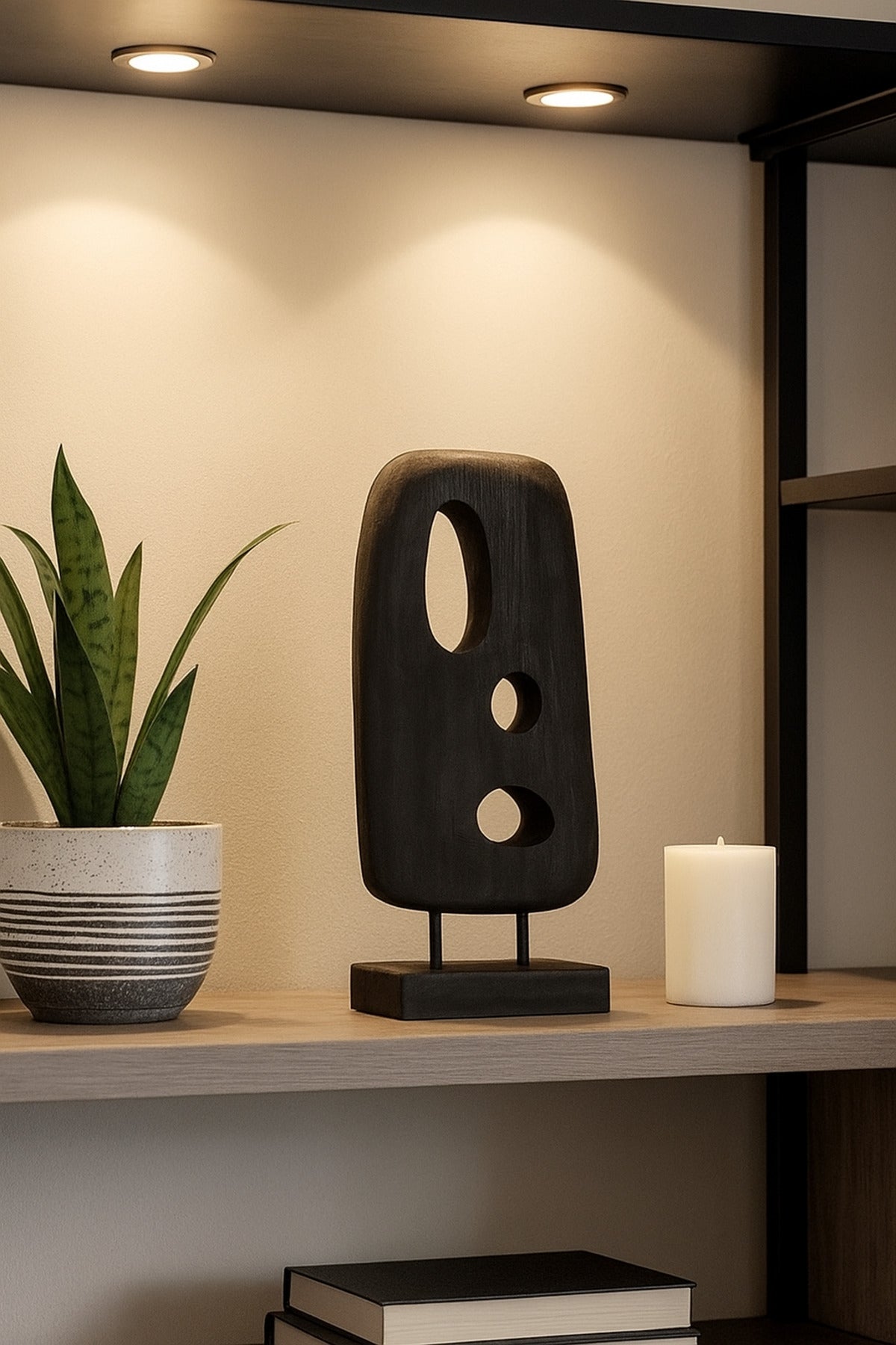 Black Wooden Abstract Cut-Out Sculpture on Stand Ð Modern Decorative Accent