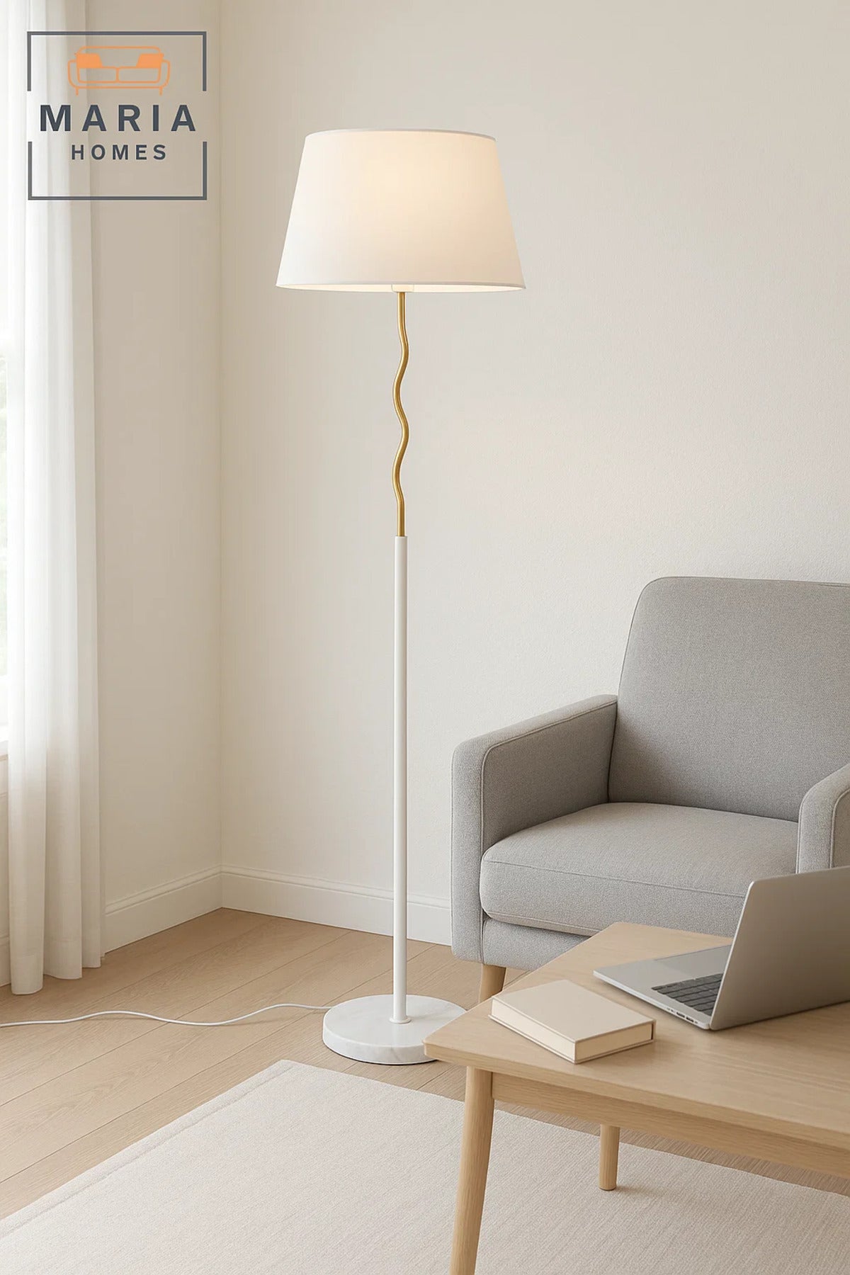 Modern White & Gold Floor Lamp with White Shade Ð Elegant Standing Light for Living Room & Bedroom