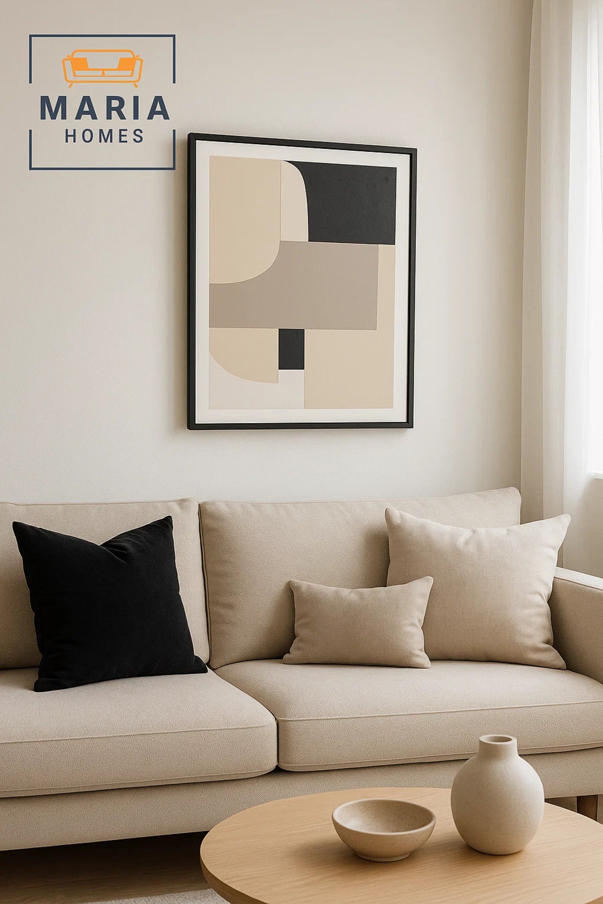 Neutral Abstract Geometric Canvas Wall Art in Beige and Black-size80*120 CM