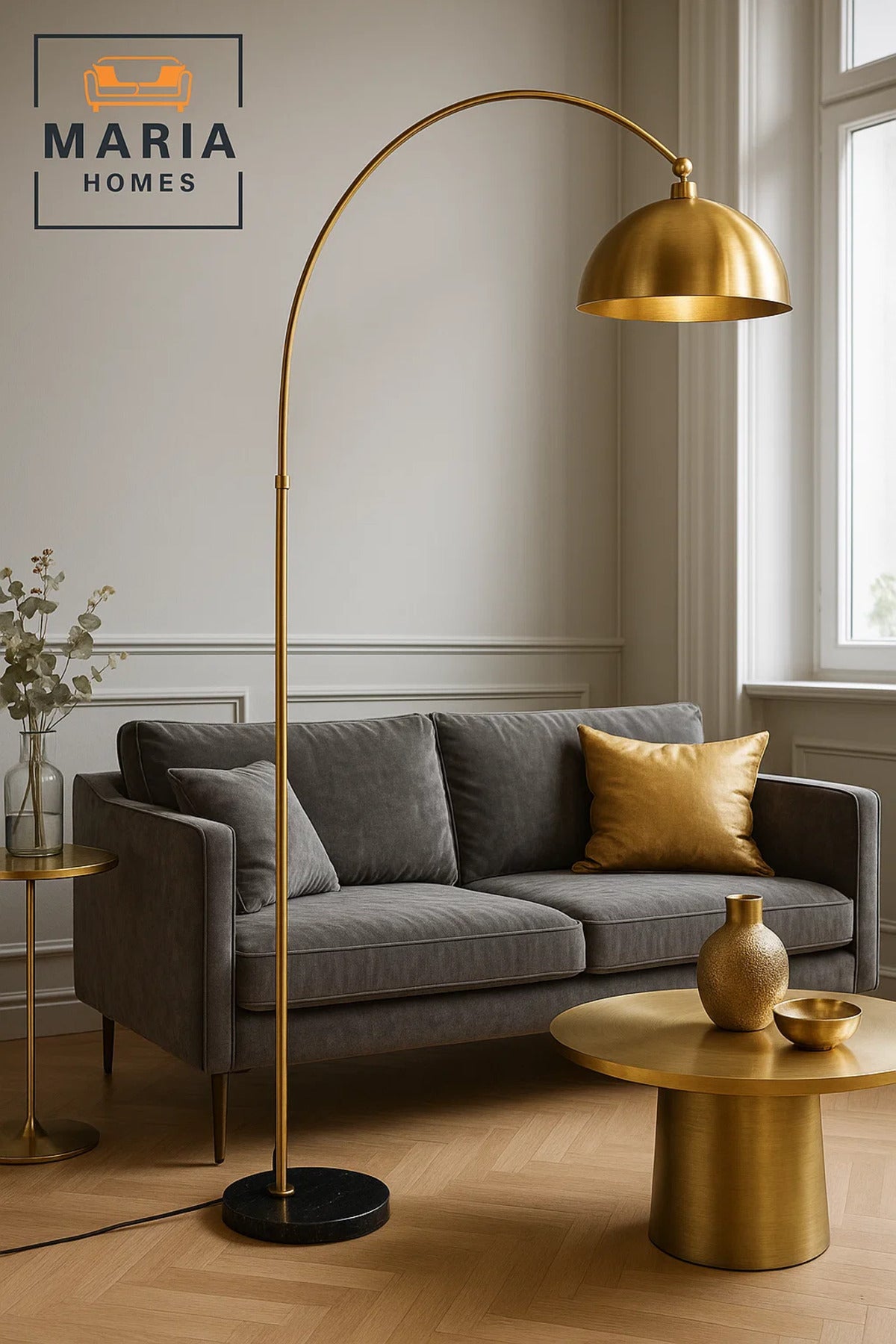 Arched Gold Floor Lamp with Black Marble Base