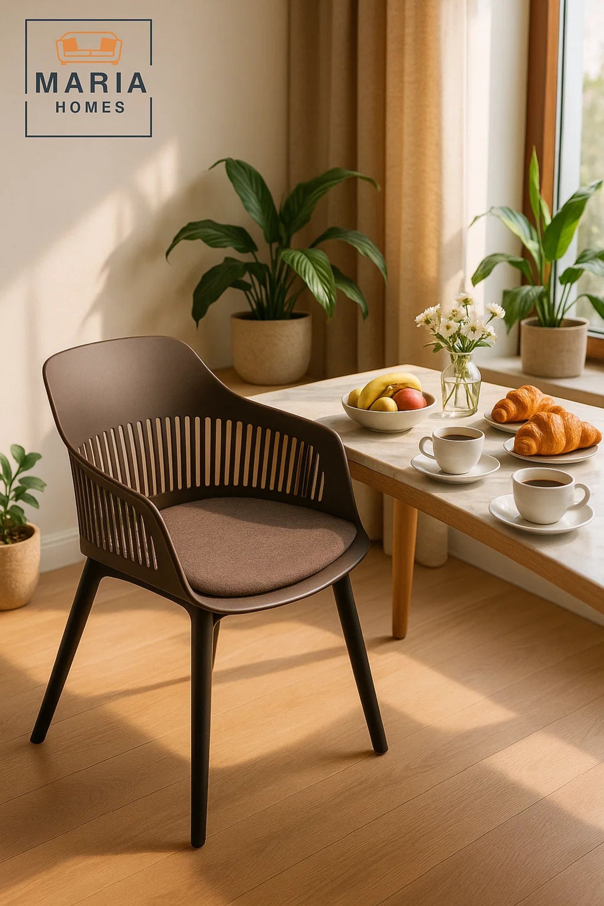 Coffee Plastic Armchair with Black Legs Modern Ventilated Backrest Chair Indoor & Outdoor Seating