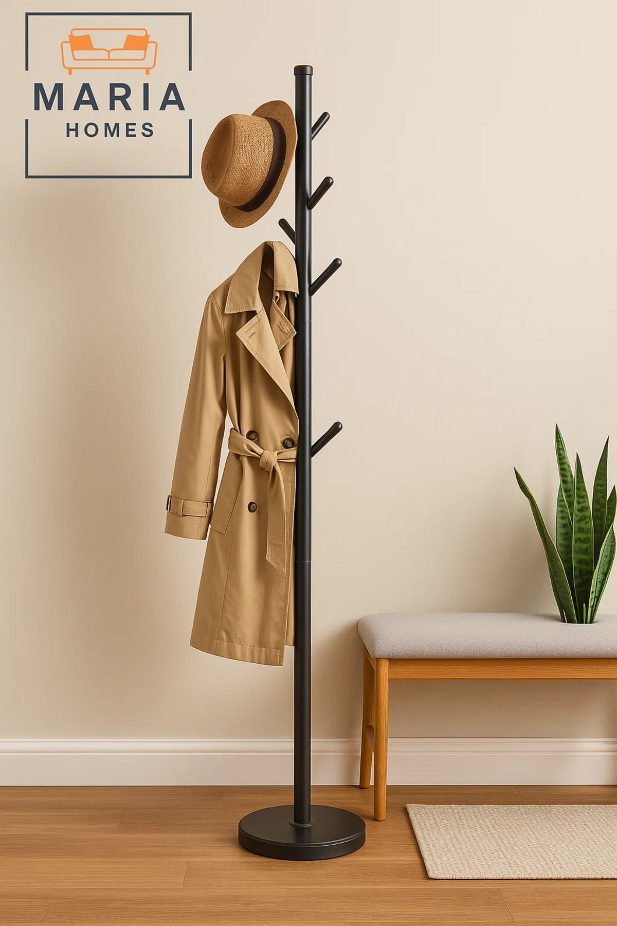 Slim Black Metal Coat Rack with Angled Peg Hooks