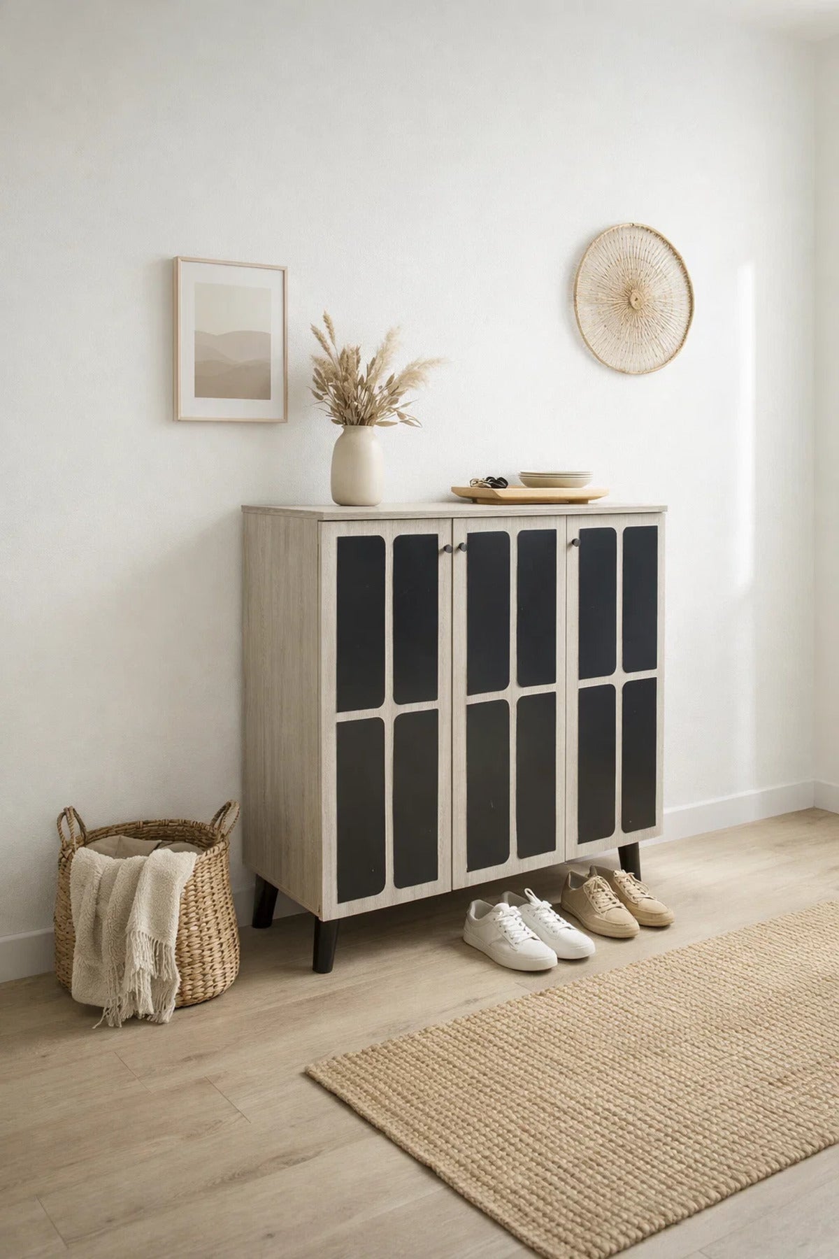 Stylish Beige and Black Shoe Cabinet Three Door Organizer Stand for Modern Entryway Home Decor
