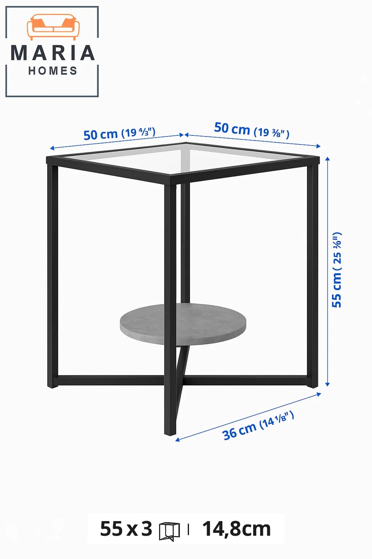 Modern Glass-Top Side Table with Black Metal Frame and Stone Shelf