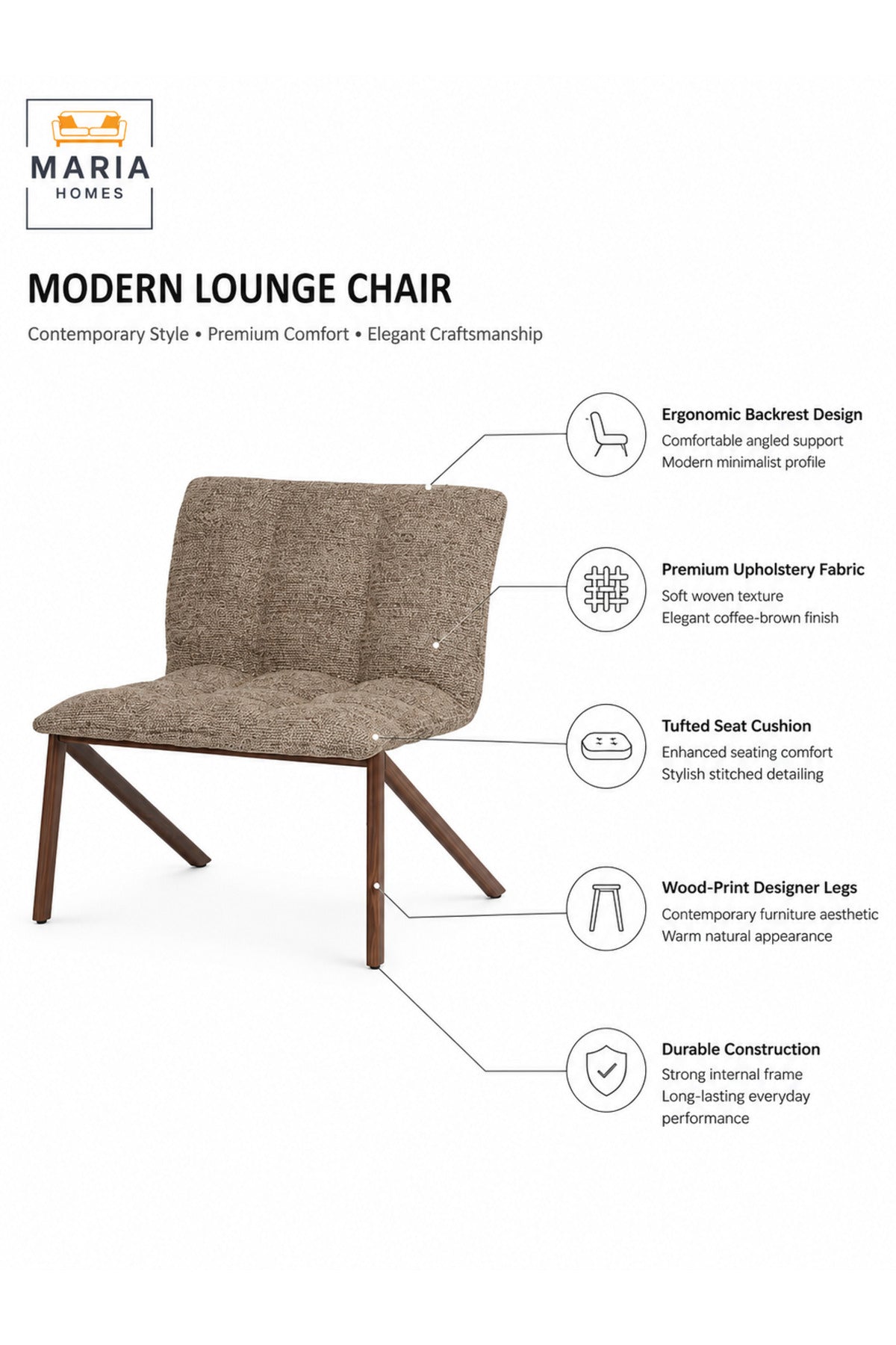 Modern Accent Lounge Chair with Wood Print Legs Upholstered Fabric Occasional Chair for Living Room, Bedroom & Reception Area Coffee Beige