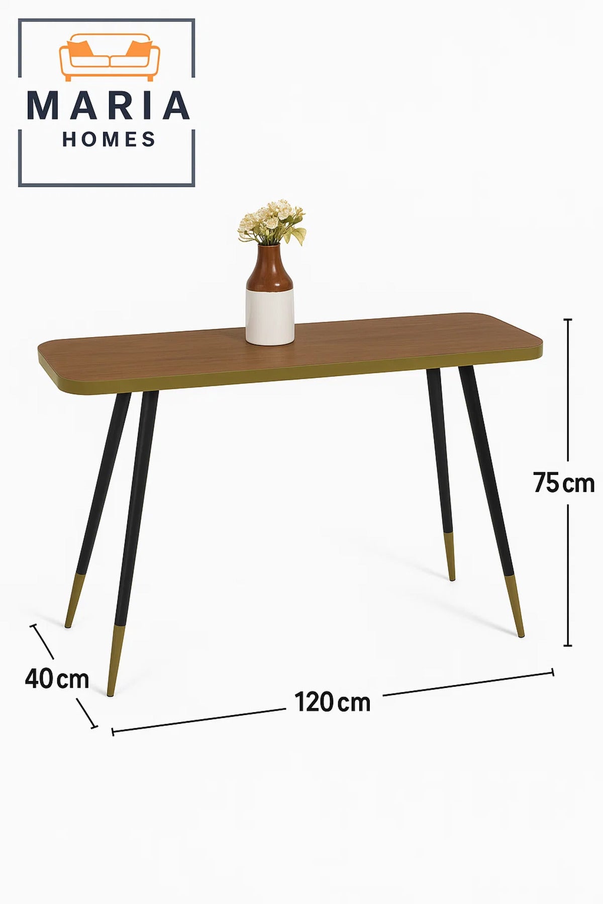 Mid-Century Modern Console Table 120x40x75cm Ð Walnut Top with Gold Accent and Tapered Legs