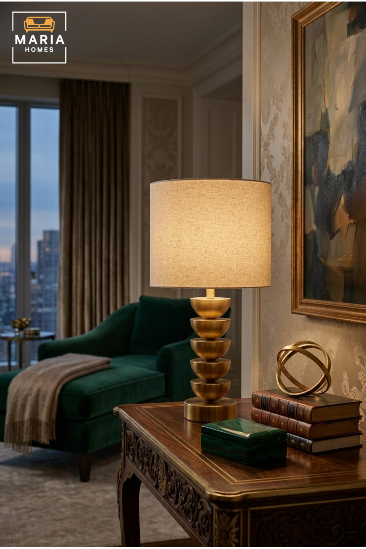 Modern Gold Table Lamp with Stacked Bowl Design and Fabric Drum Shade Decorative Bedside Light for Bedroom Living Room Office and Hotel Décor