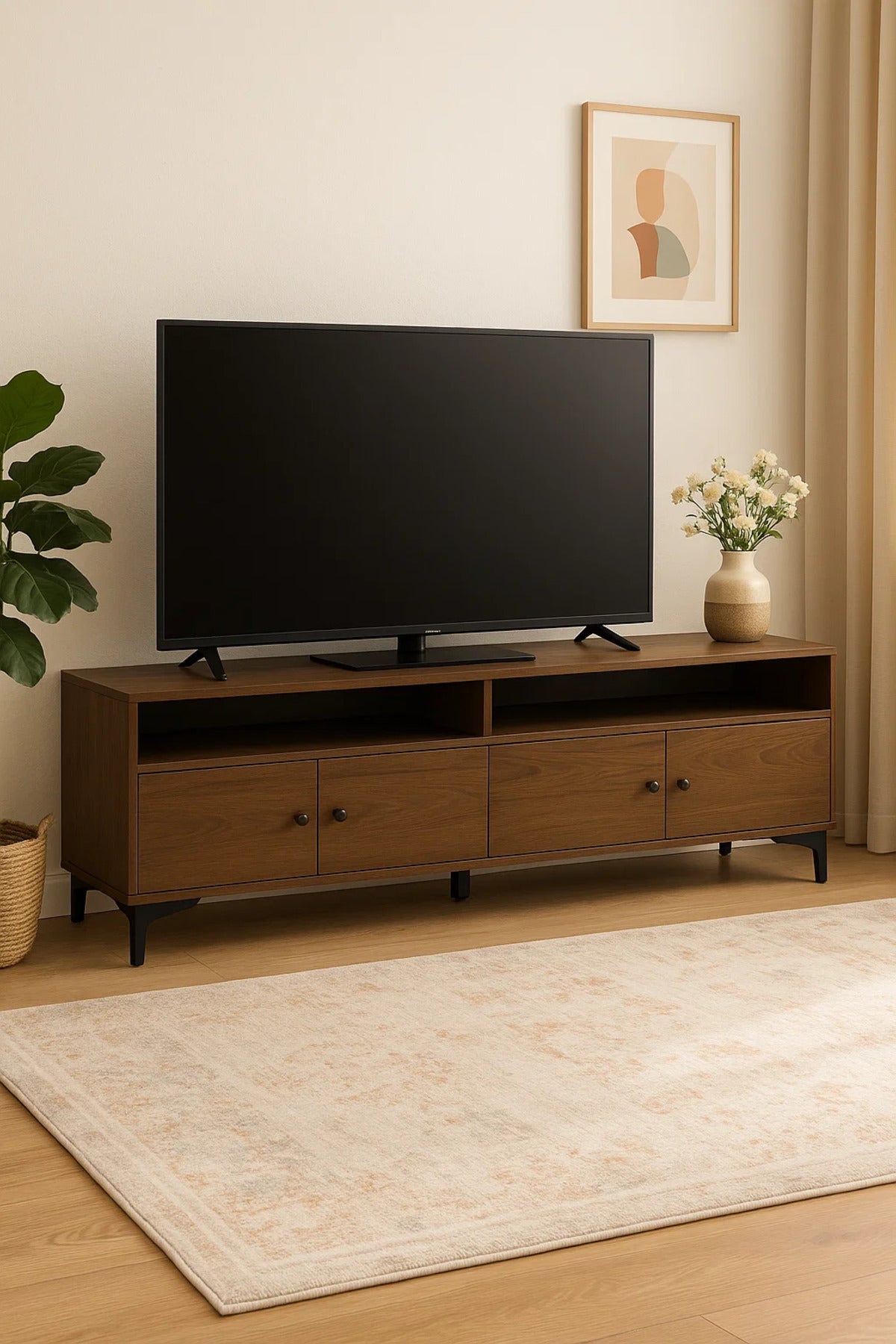 Modern Dark Brown TV Stand with 4 Cabinets and Open Shelves Ð 180x40x50 cm Wooden Entertainment Unit
