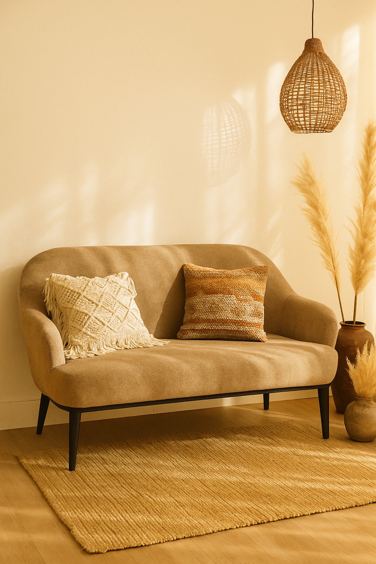 Modern Coffee Two-Seater Sofa Ð Elegant Fabric Couch with Curved Backrest & Tapered Legs