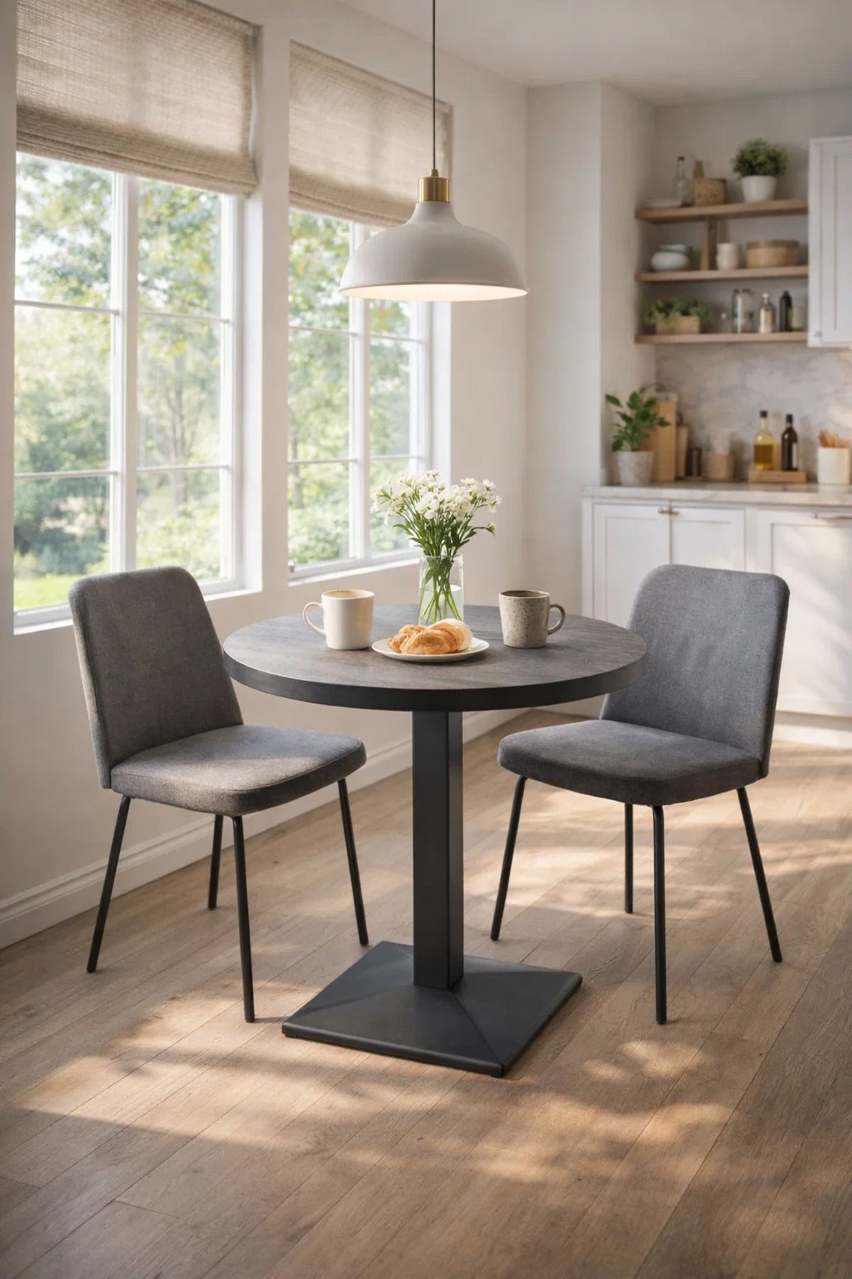 Stylish Grey Round Dining Table 70cm Melamine Top for Modern Kitchens Cafes and Bistro Spaces