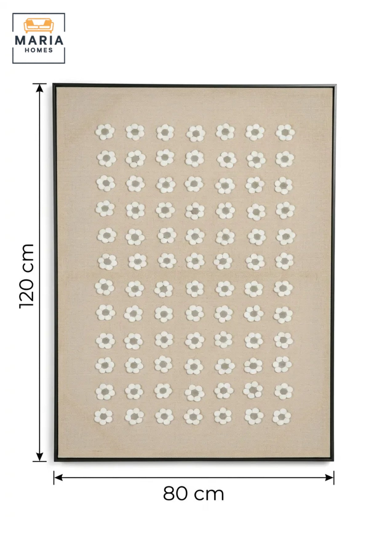 Modern Floral Textured Wall Art with Slim Black Frame, White Flower Pattern on Neutral Beige Canvas for Living Room, Bedroom, Hallway and Office Décor