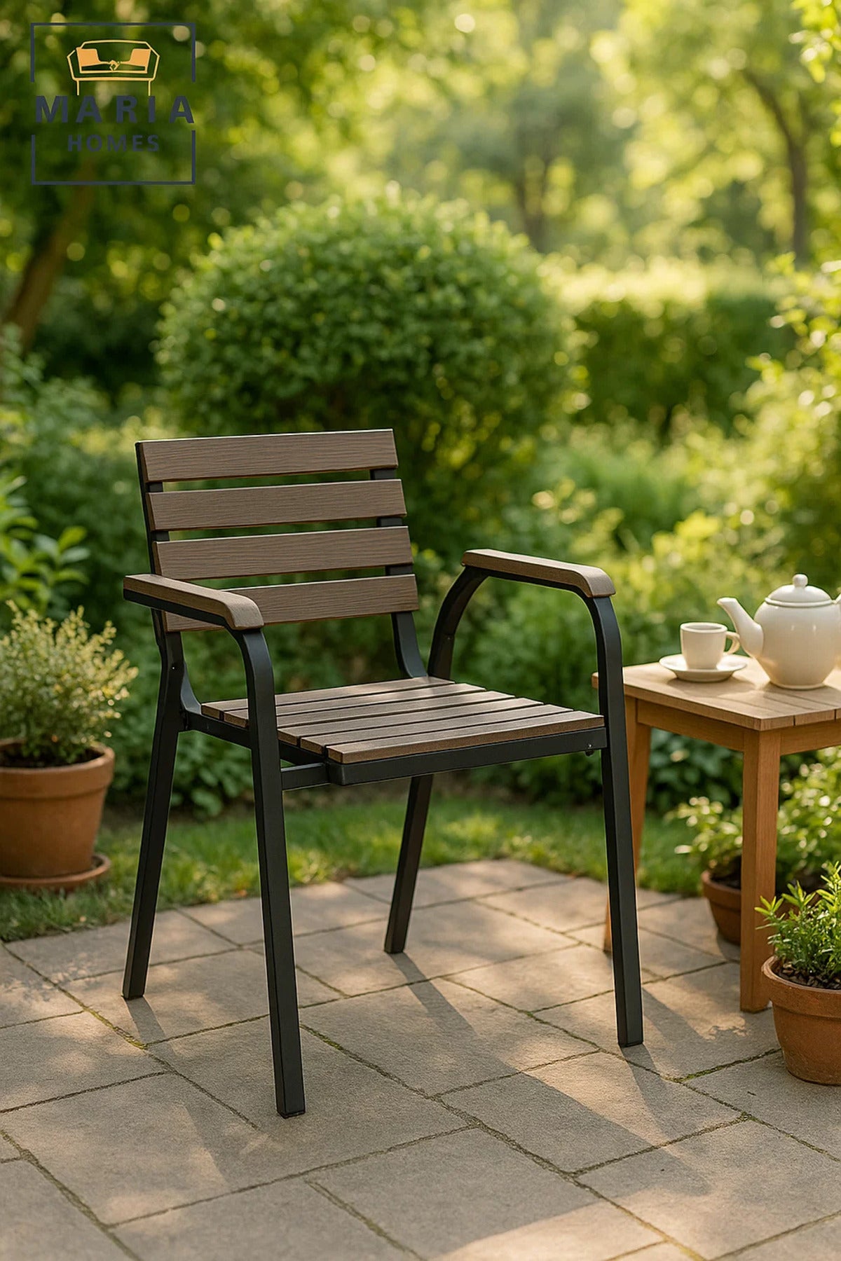 Black Coffee Outdoor Armchair Durable Metal Frame Wooden Look Garden Patio Dining Chair